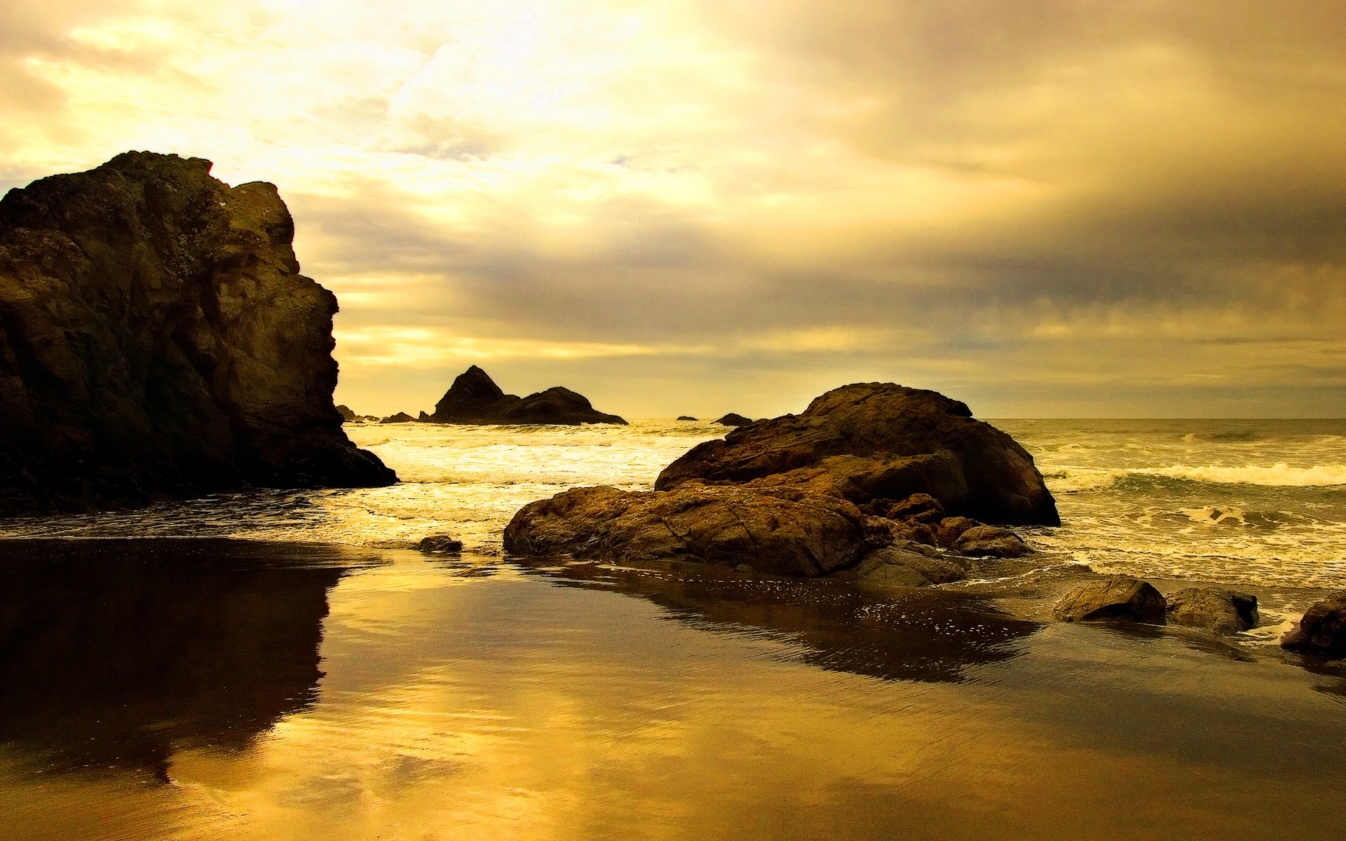 Scogli, Spiaggia, Tramonto dorato, Riflesso, Full HD, sfondo desktop