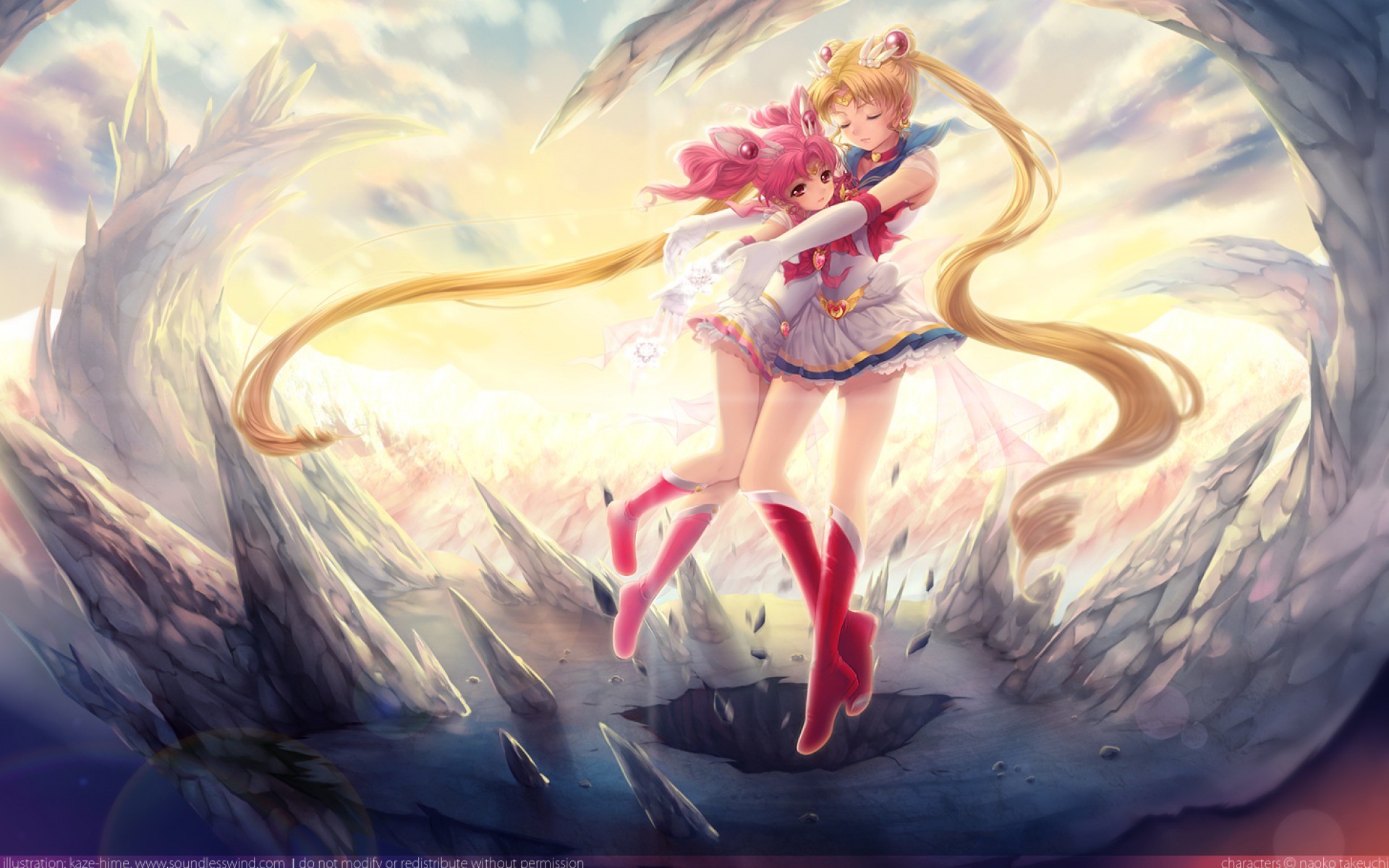 Sailor Moon, Sailor Chibi Moon, Abbraccio, Rocce, Full HD, sfondo per PC