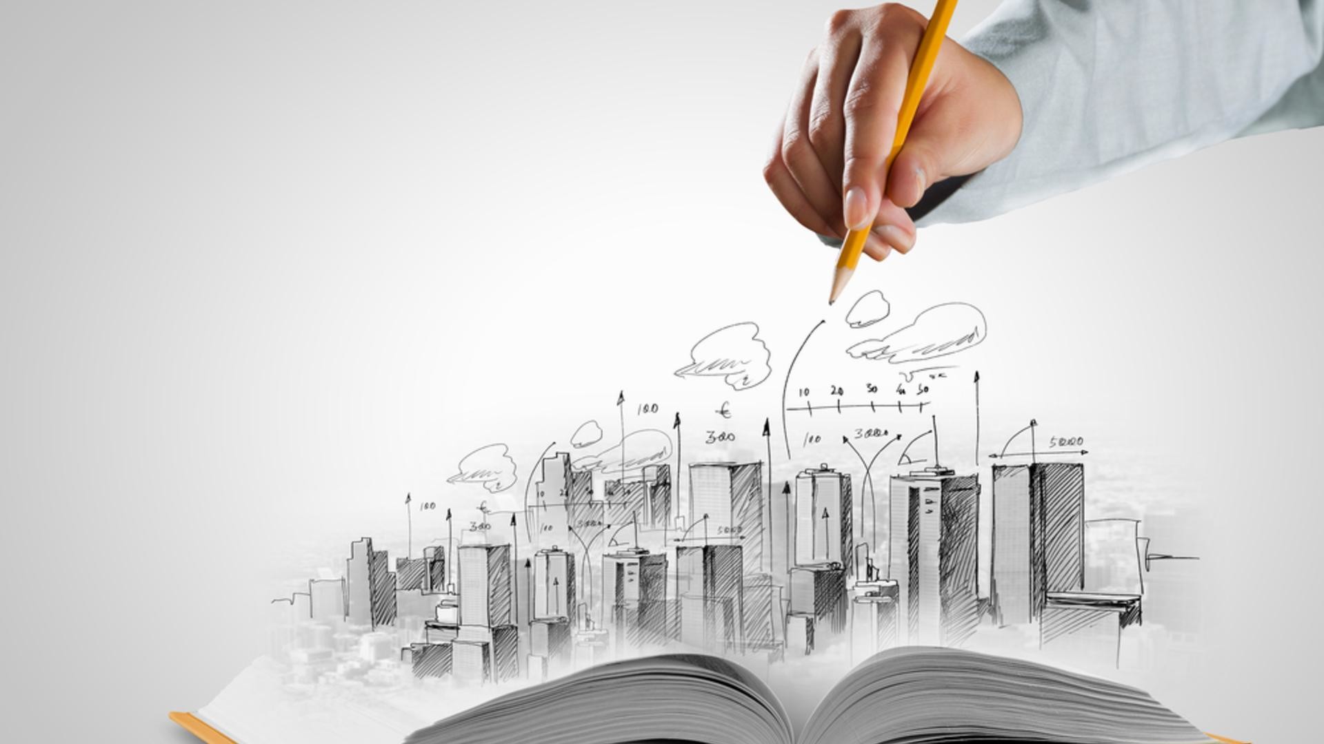 Schizzo, Città disegnata, Matita, Mano, Libro, Full HD, sfondo Windows 11