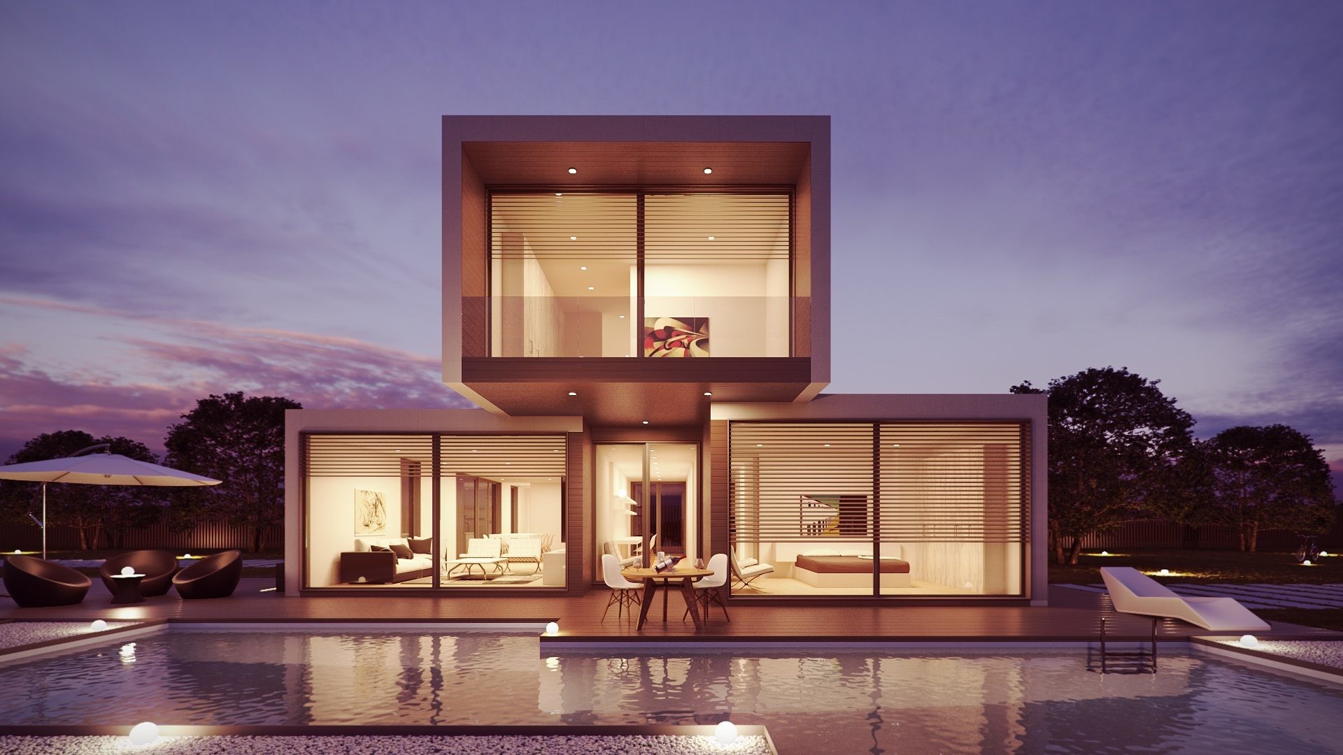 Villa moderna, Piscina, Crepuscolo, Architettura moderna, Full HD, sfondo per portatile