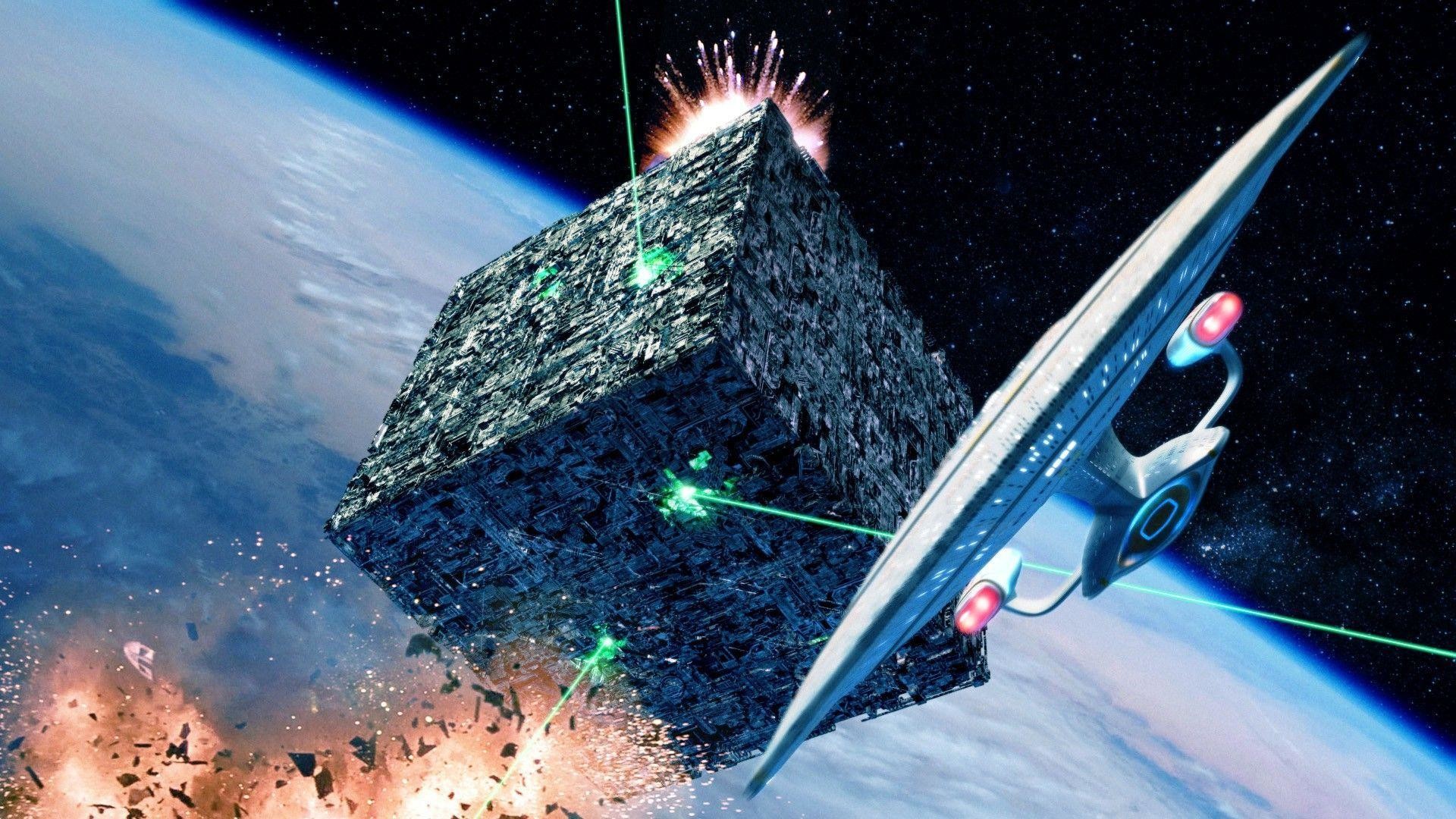 Cubo Borg, USS Enterprise (NCC-1701-D), Star Trek: The Next Generation, Battaglia spaziale, Pianeta, sfondo 1080p