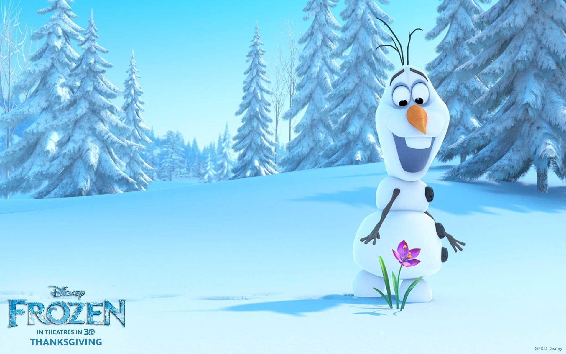 Olaf, Frozen - Il regno di ghiaccio, Pupazzo di neve, Abeti, Disney, sfondo widescreen Full HD