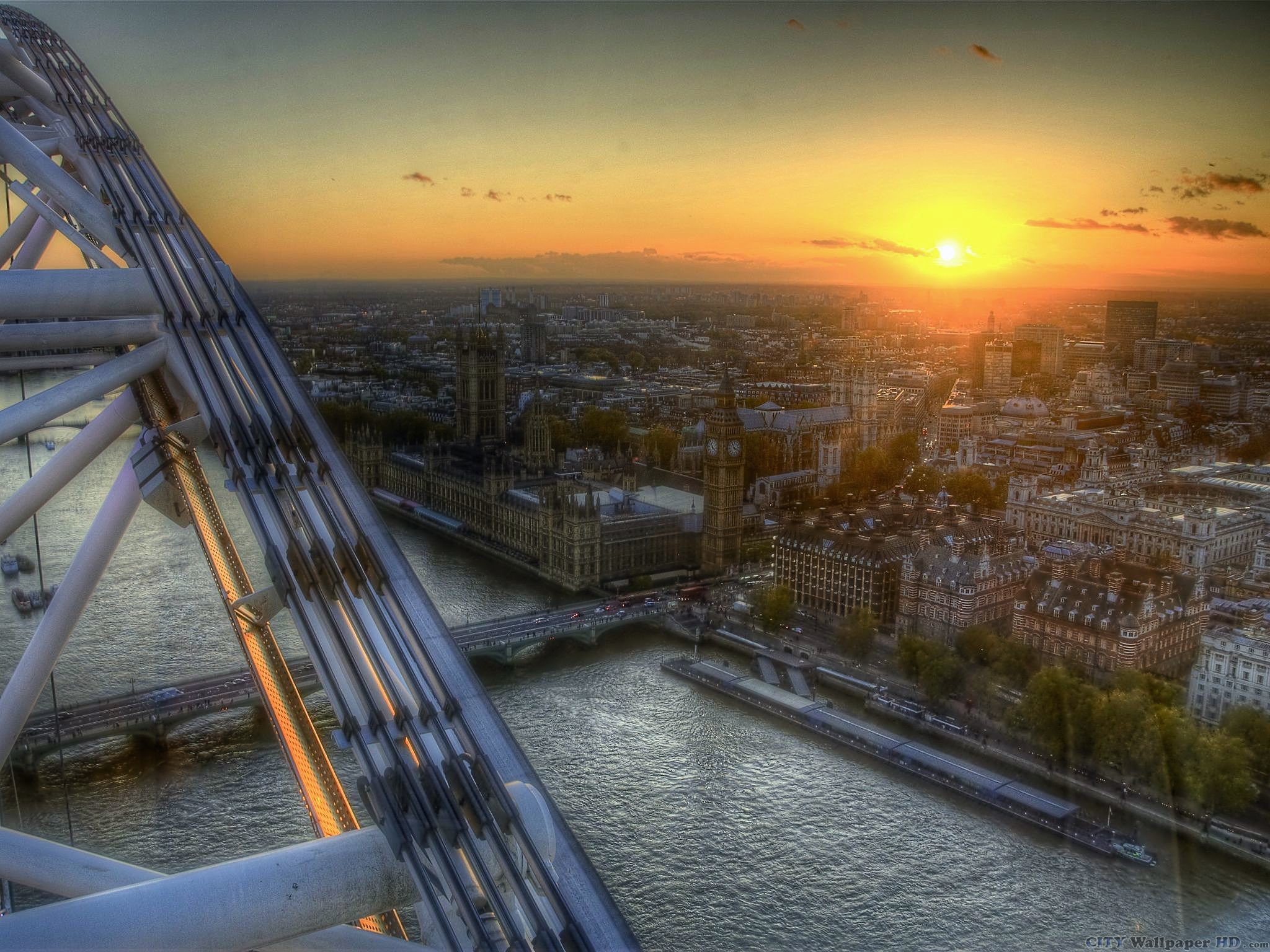 London Eye, Londra, Vista aerea, Tramonto, HDR, Full HD, wallpaper per tablet