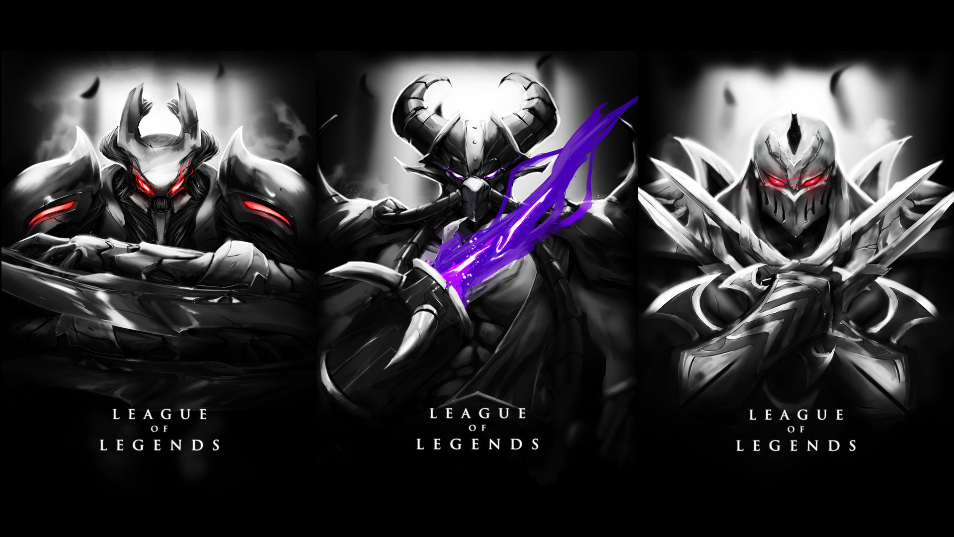 Shen, Kassadin, Zed, League of Legends, Bianco e nero, 1920x1080, immagine di sfondo