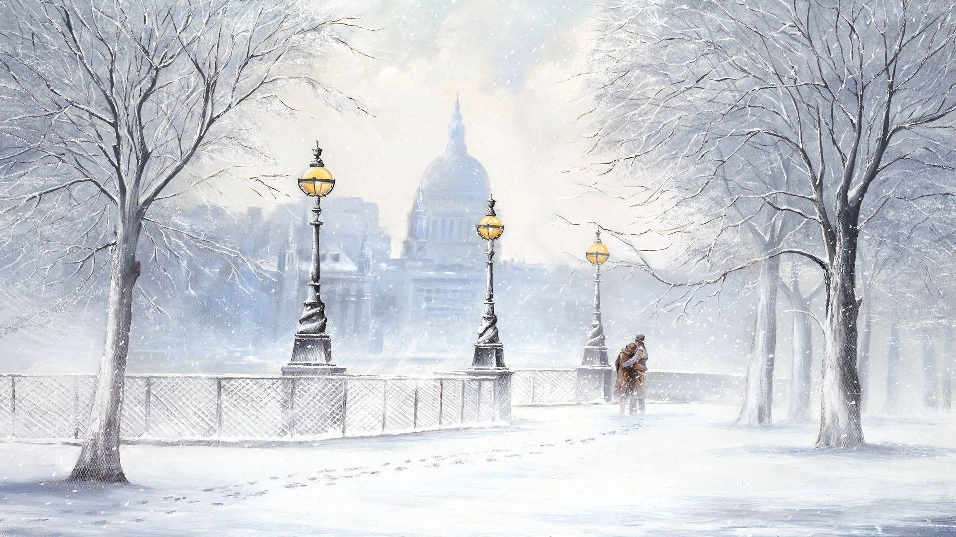 Londra, Cattedrale di San Paolo, Lampioni, Pittura, Nevicata, Full HD, sfondo per portatile
