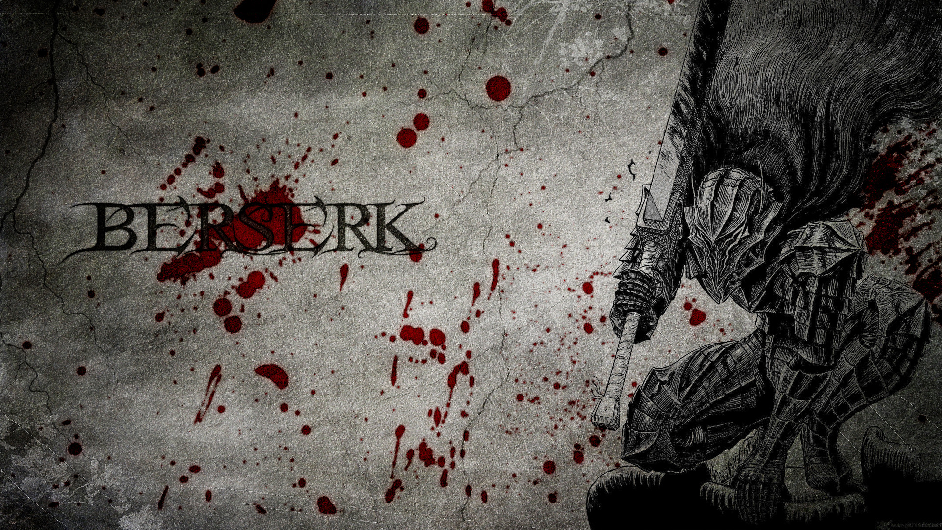 Gatsu, Berserk, Logo, Schizzi di sangue, Grigio, Full HD 1080p, sfondo desktop