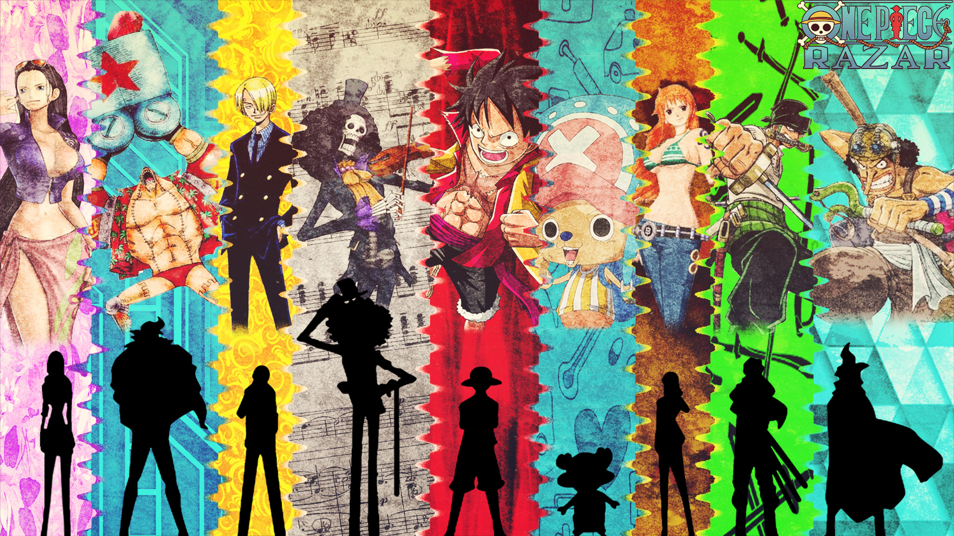 Ciurma di Cappello di paglia, One Piece, Silhouette, Colori vivaci, sfondo Full HD per computer