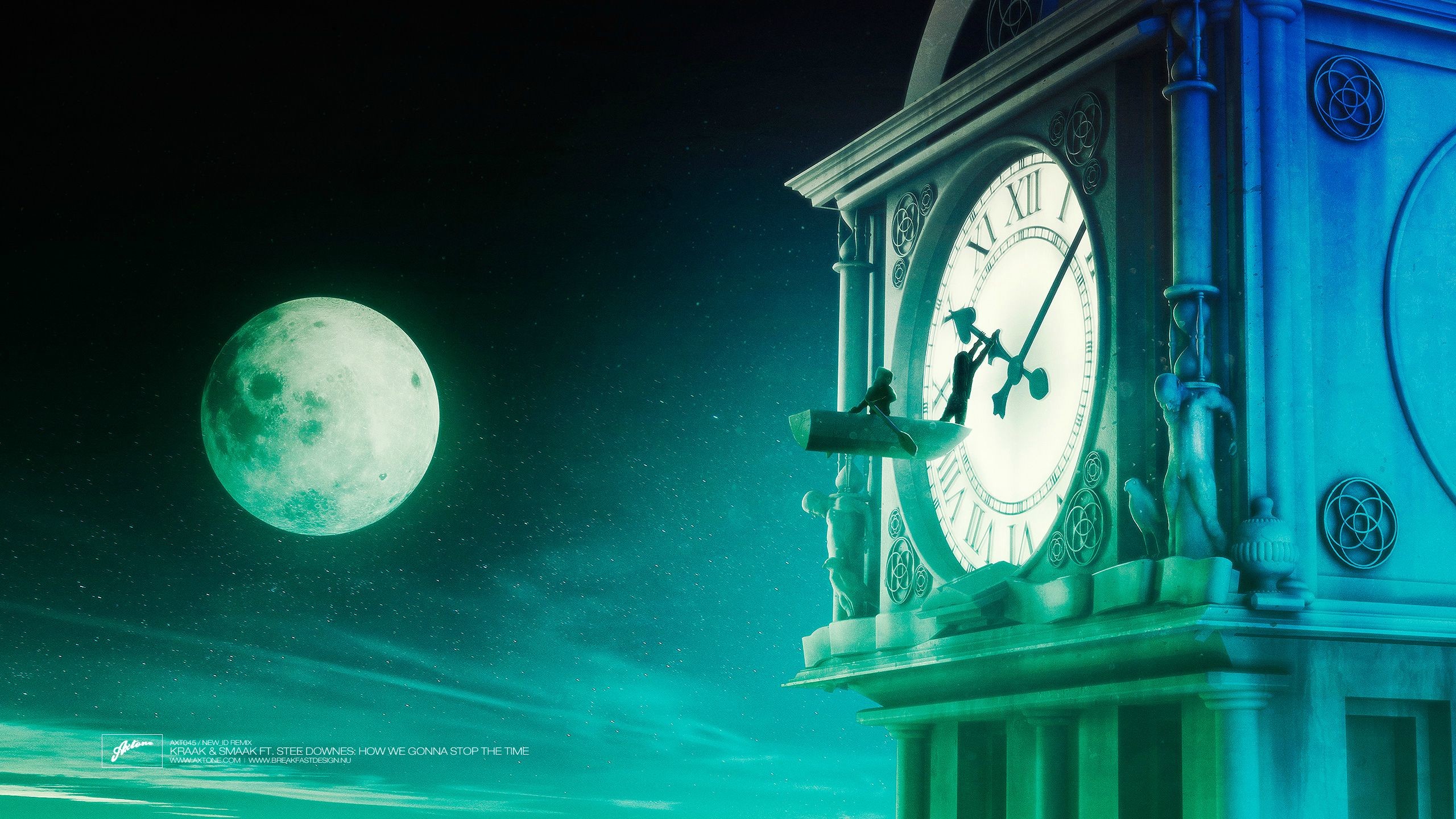 Torre dell'orologio, Luna, Notte, Verde acqua, 16:9 2K, sfondo widescreen
