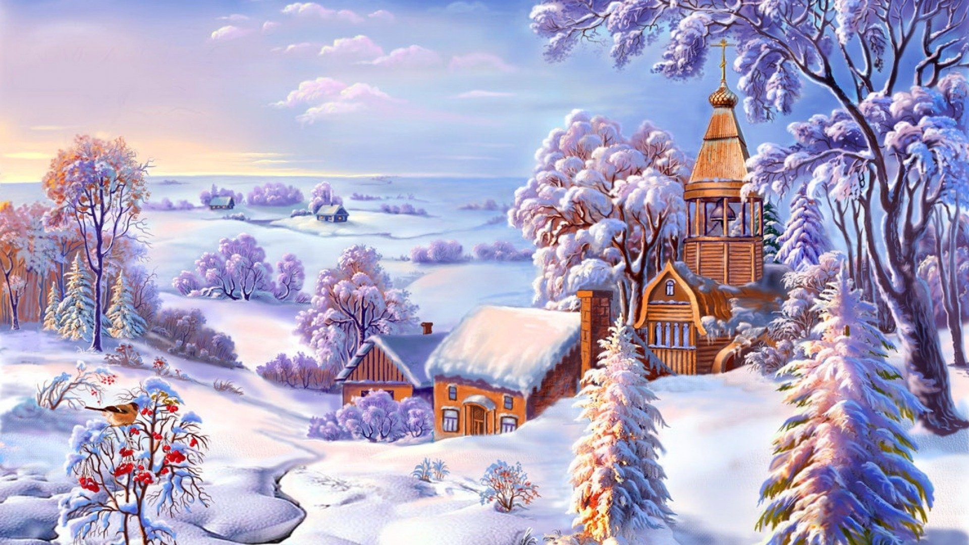 Villaggio innevato, Inverno, Chiesa, Pittura, Full HD 1080p, sfondo desktop