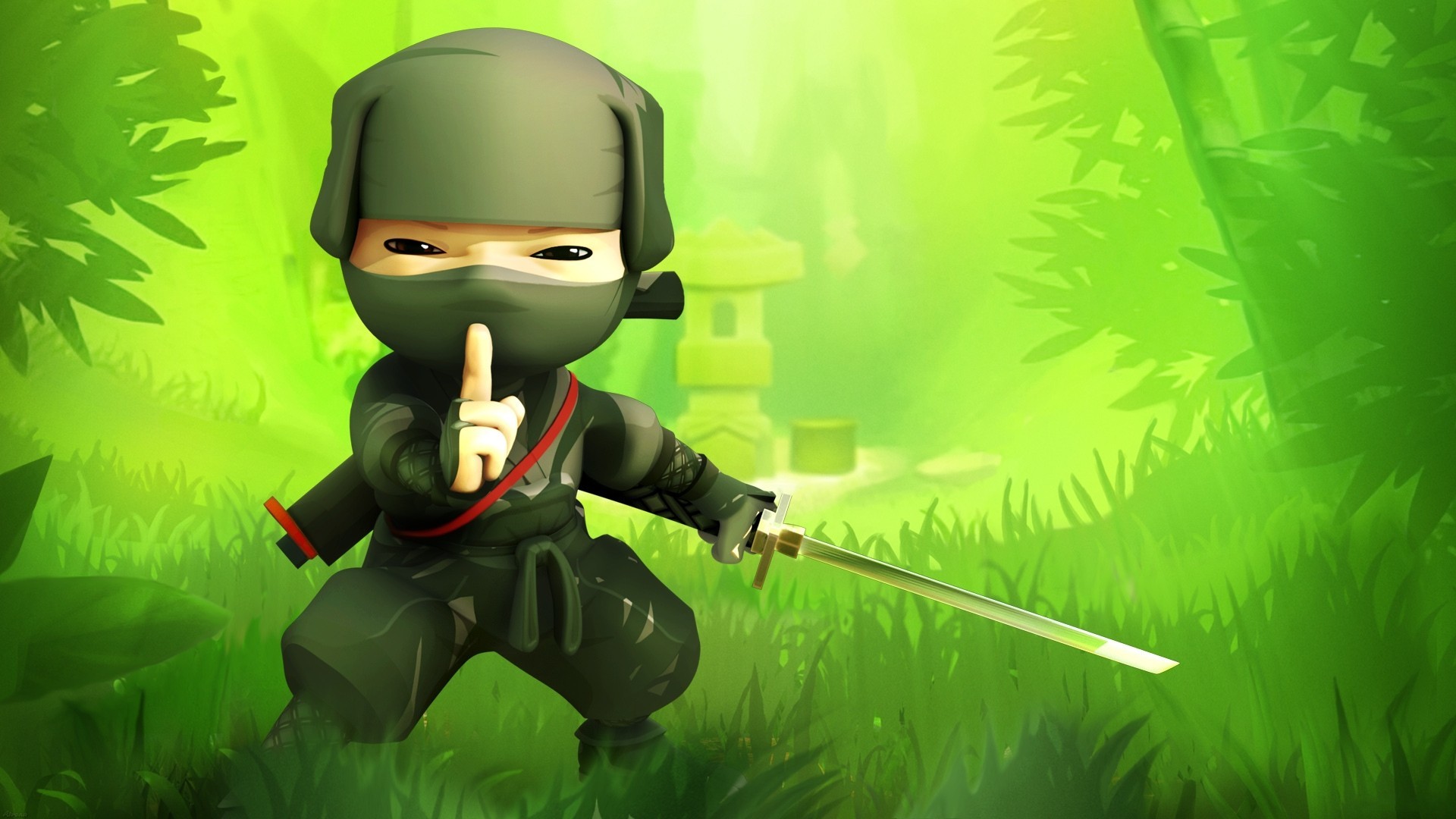 Mini ninja, Katana, Bambù, Verde, 1920x1080, sfondo per PC
