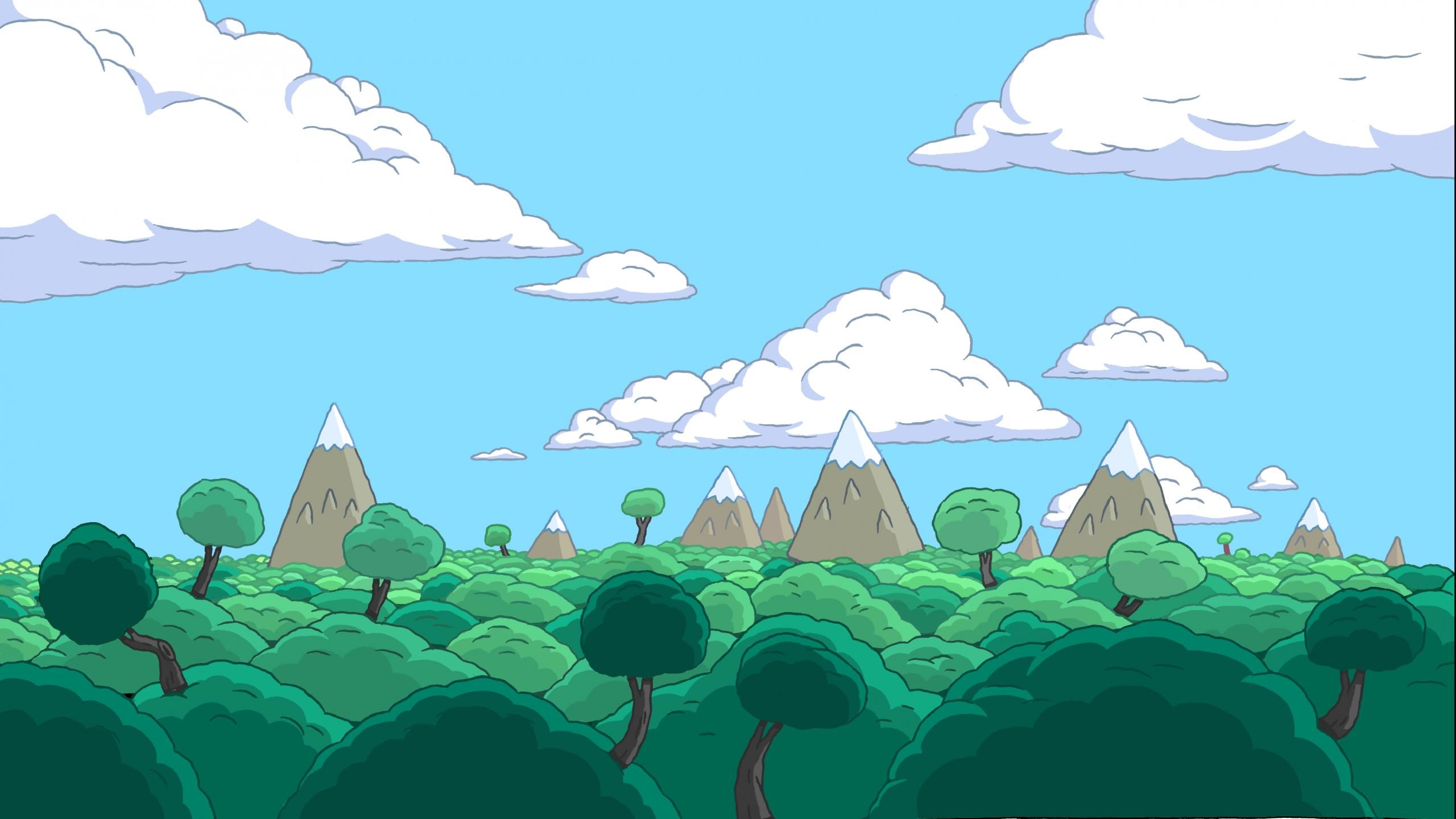 Adventure Time, Foresta, Montagne, Cielo azzurro, 2560x1440, immagine di sfondo