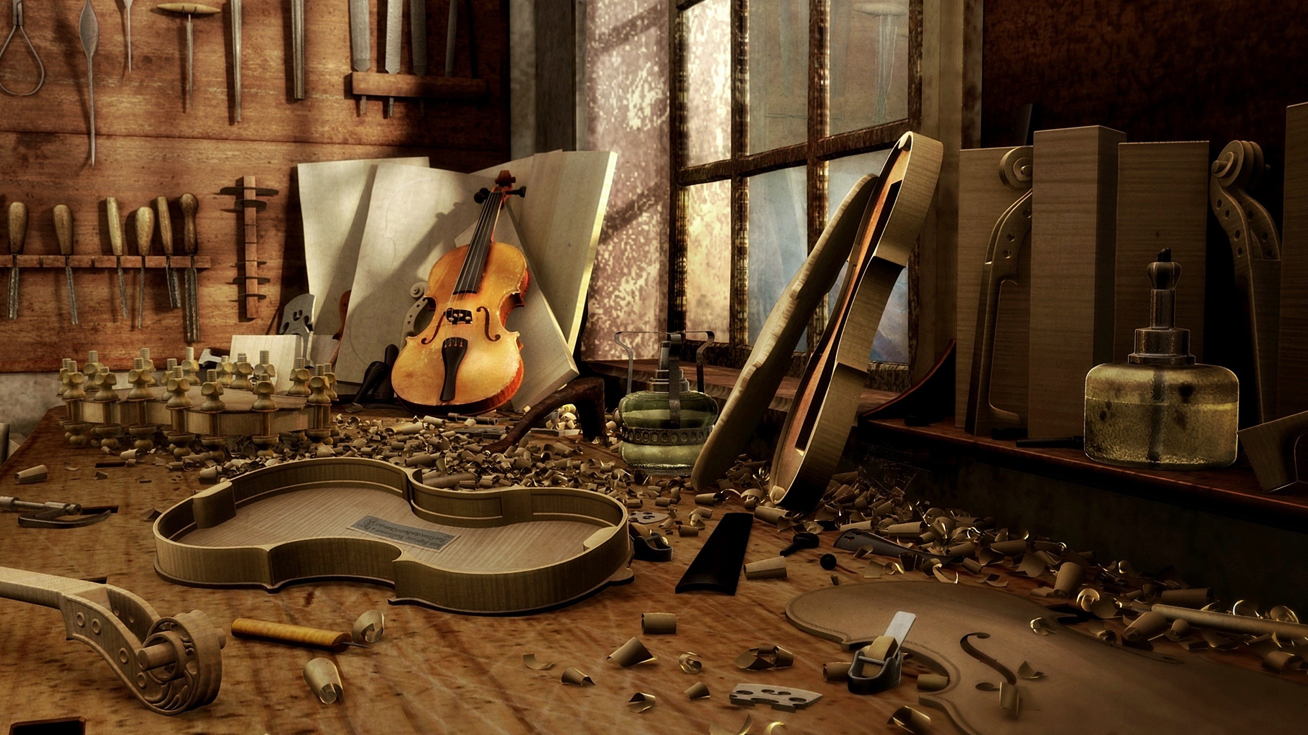 Violino, Bottega del liutaio, Liuteria, Attrezzi, Legno, 2K, sfondo per il tuo desktop
