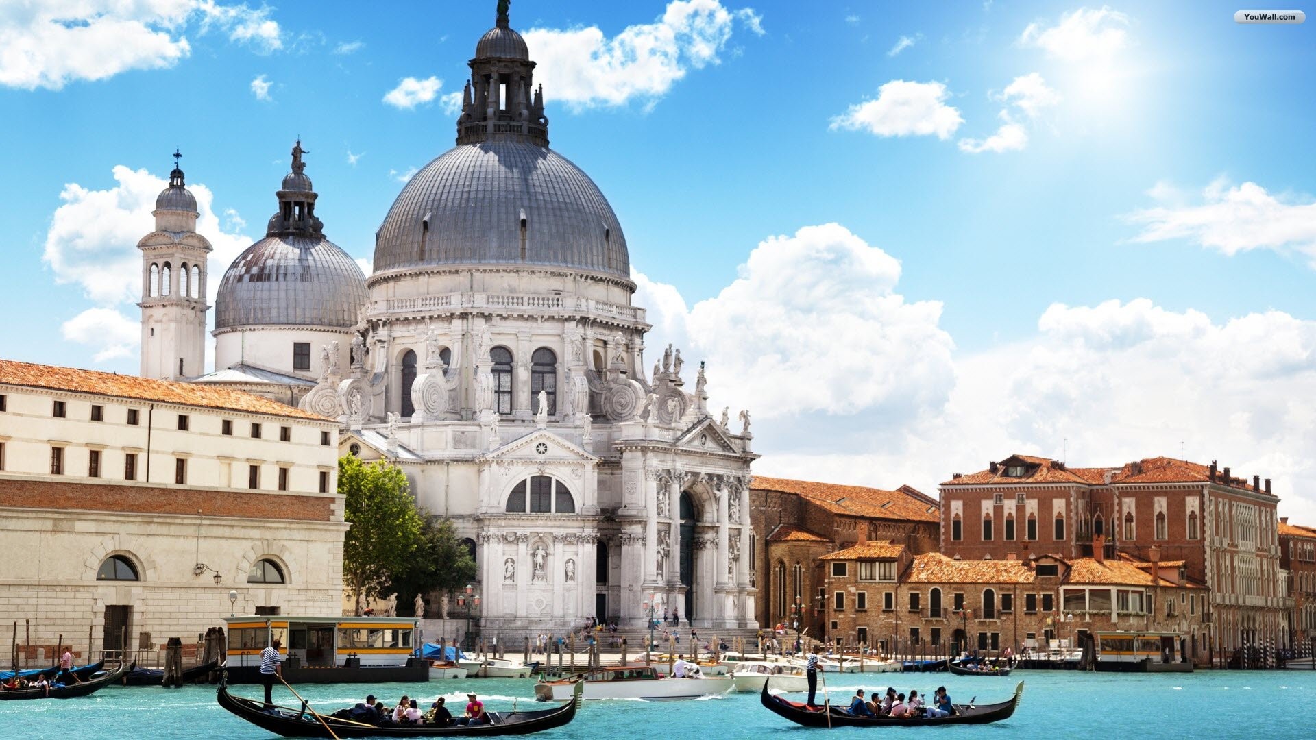 Santa Maria della Salute, Venezia, Gondole, Cielo azzurro, 1920x1080, immagine di sfondo