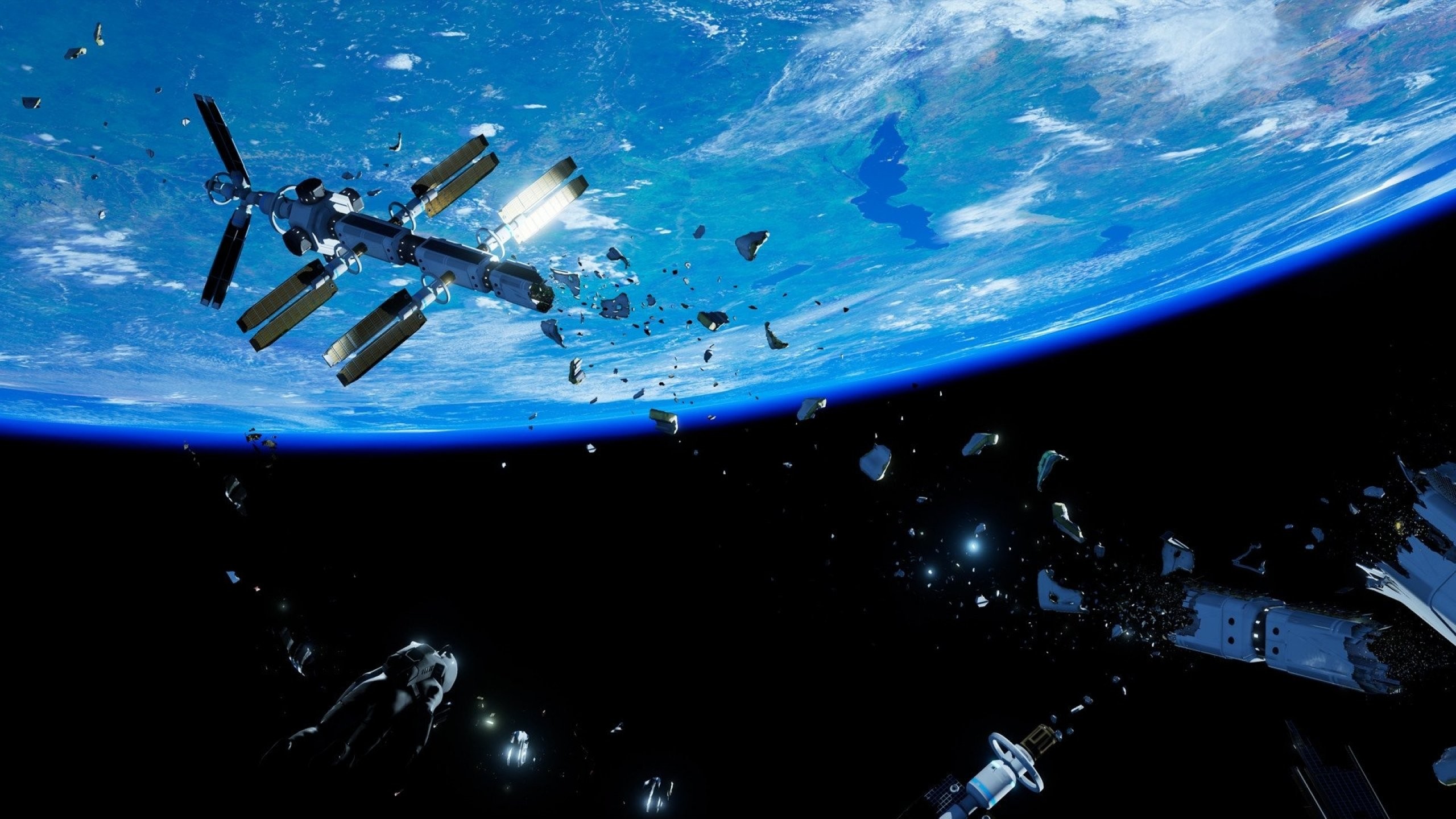 Stazione spaziale, Terra, Detriti spaziali, Orbita, Spazio, 16:9 2K, sfondo widescreen