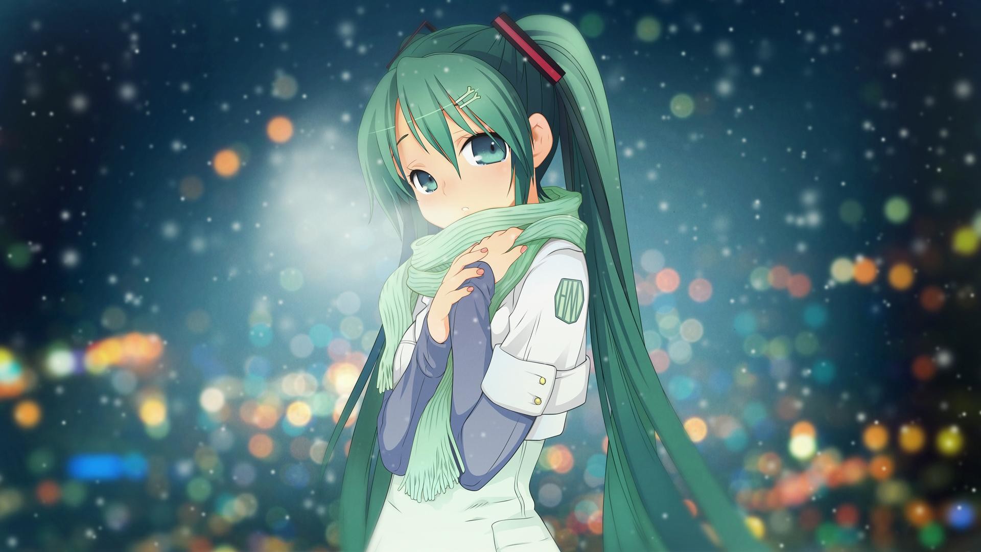 Hatsune Miku, Vocaloid, Sciarpa, Bokeh, Full HD 1080p, sfondo desktop