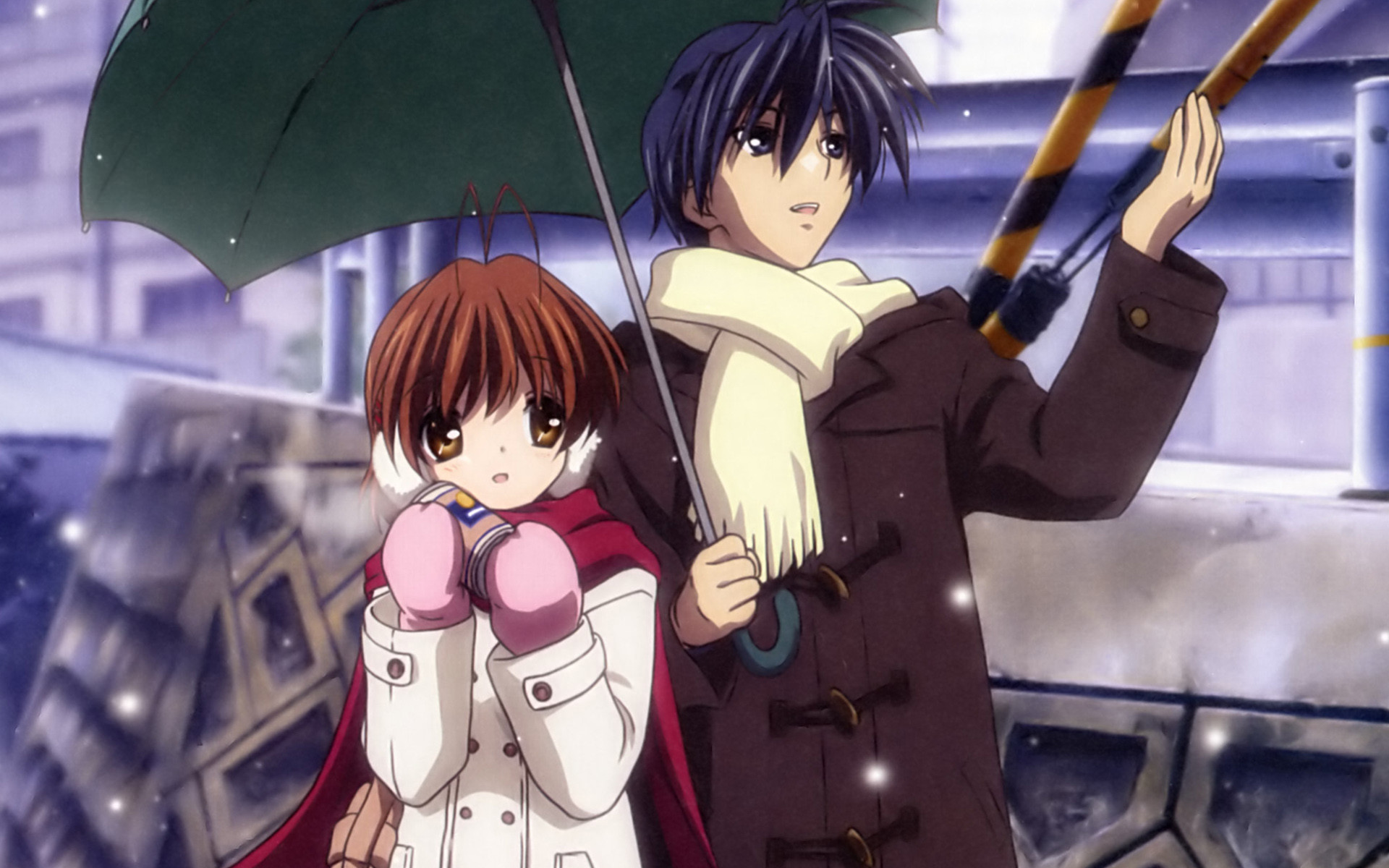 Tomoya Okazaki, Nagisa Furukawa, Clannad, Ombrello, Neve, 16:10 Full HD, sfondo widescreen