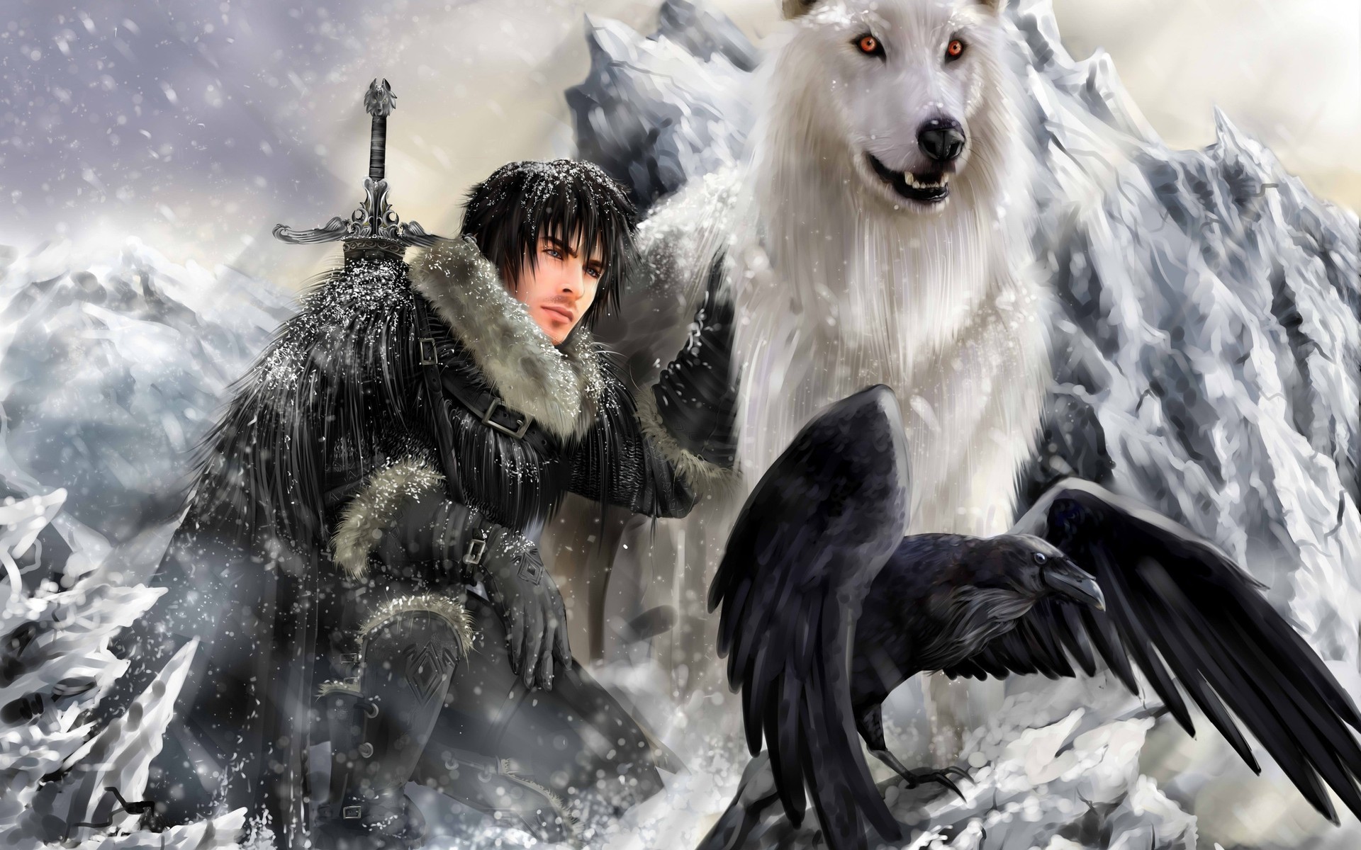 Jon Snow, Spettro, Corvo, Metalupo, Pittura digitale, 1920x1200, immagine di sfondo