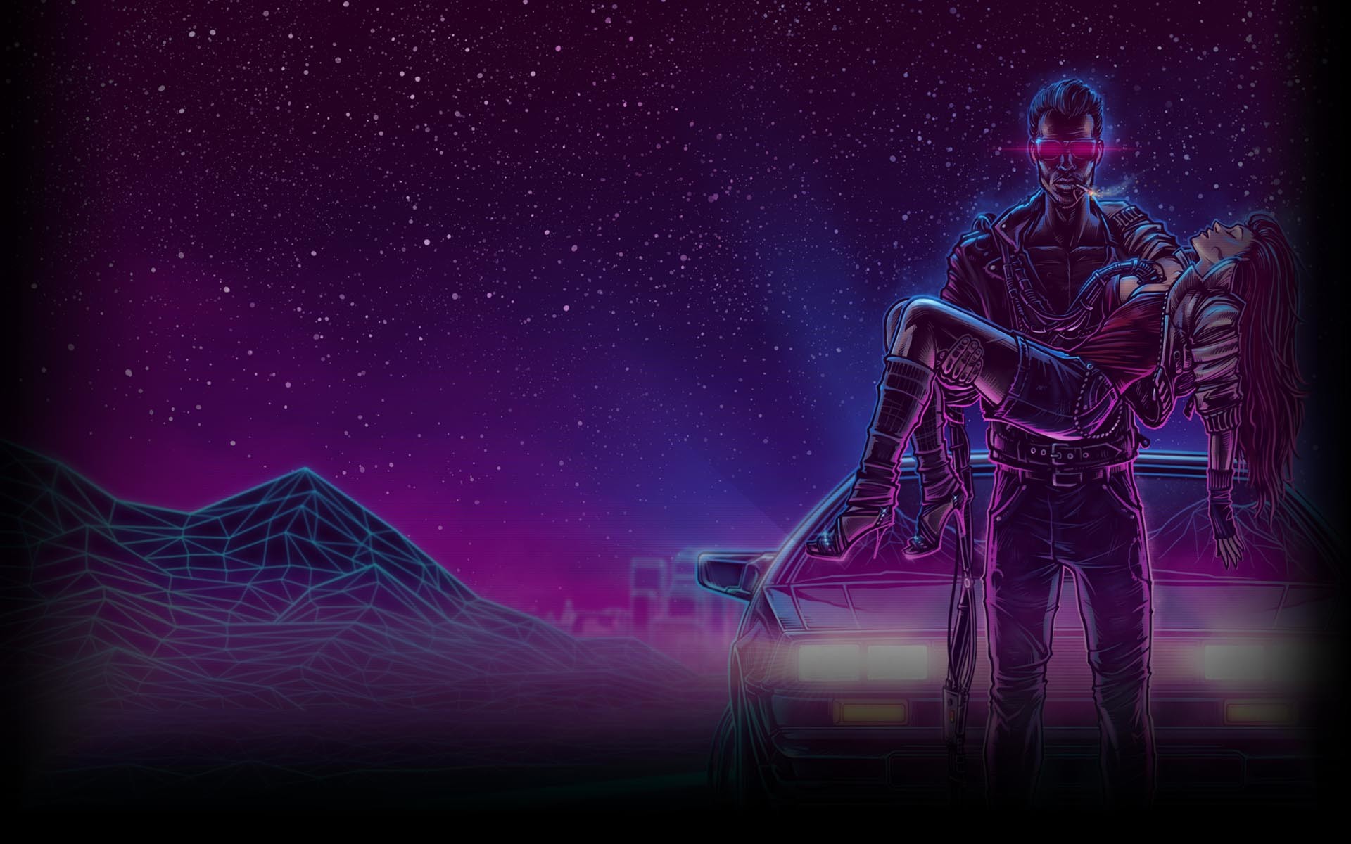 Synthwave, Neon, Retro anni 80, Montagne wireframe, Viola, 16:10 Full HD, wallpaper widescreen