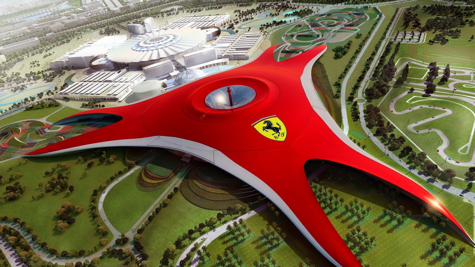 Ferrari World, Abu Dhabi, Isola di Yas, Parco a tema, Vista aerea, sfondo desktop Full HD