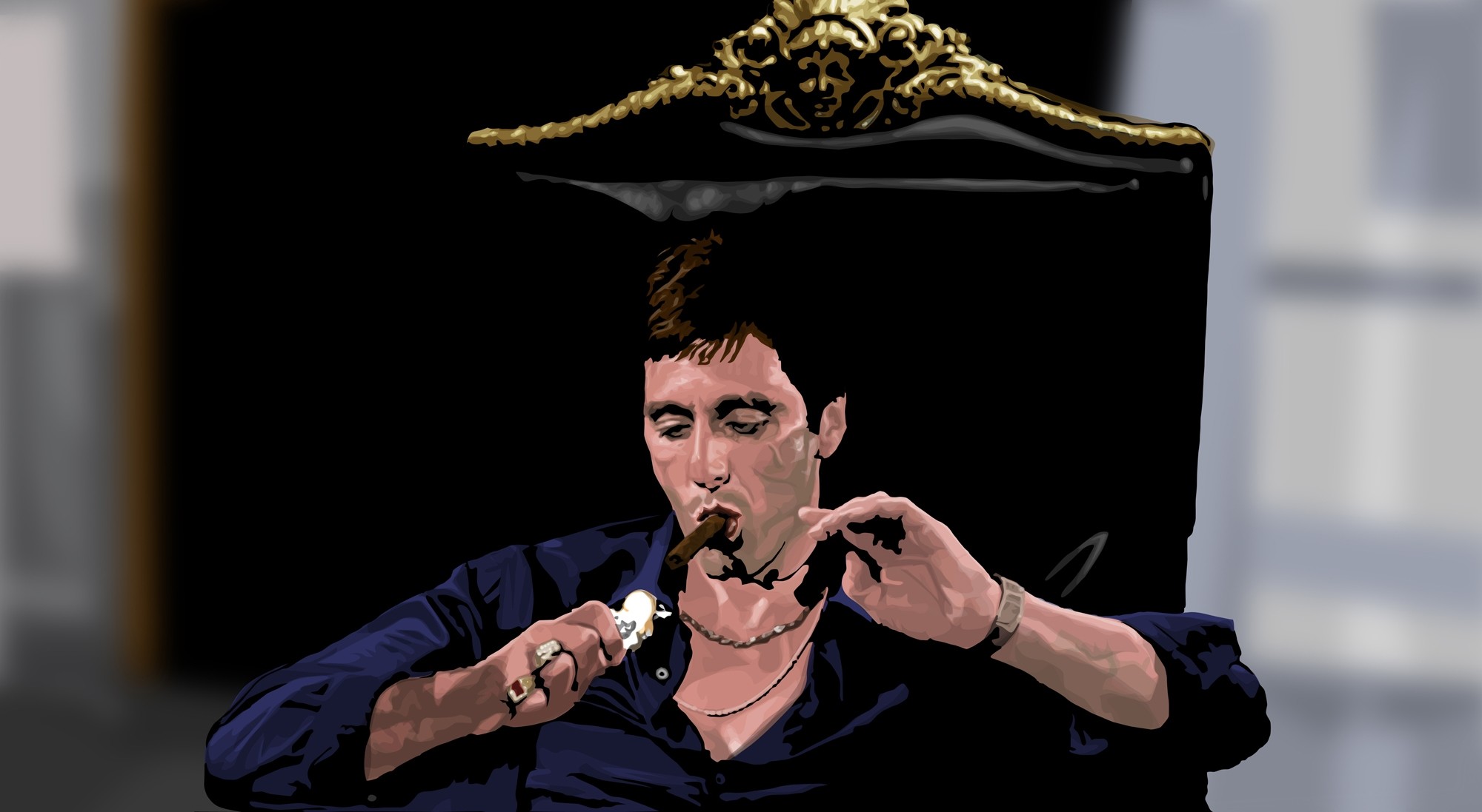 Tony Montana, Scarface, Illustrazione, Sigaro, Poltrona, Full HD, sfondo per PC e portatile