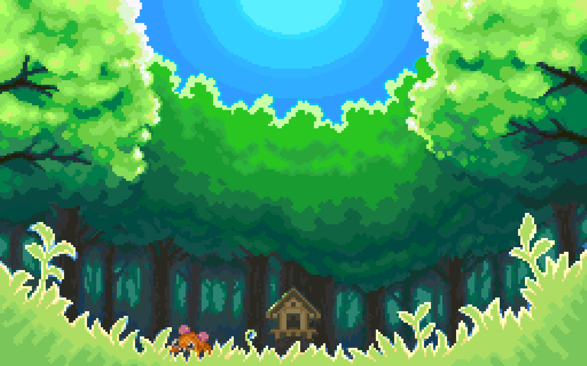 Pixel art, Foresta, Casetta, Cielo azzurro, 16:10 Full HD, sfondo widescreen