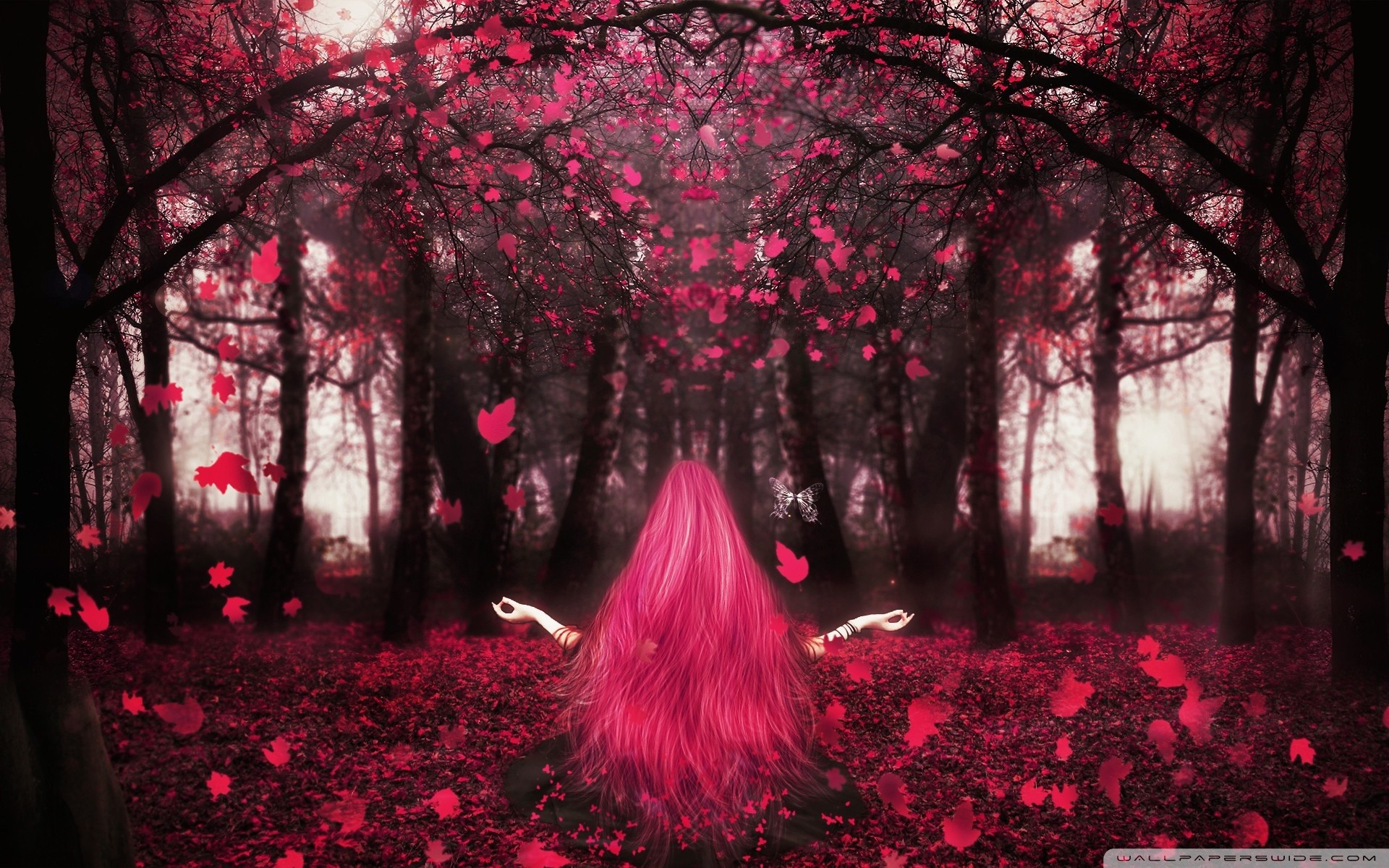 Ragazza dai capelli rosa, Foresta, Petali rossi, Fantasy, Rosso, sfondo desktop Full HD