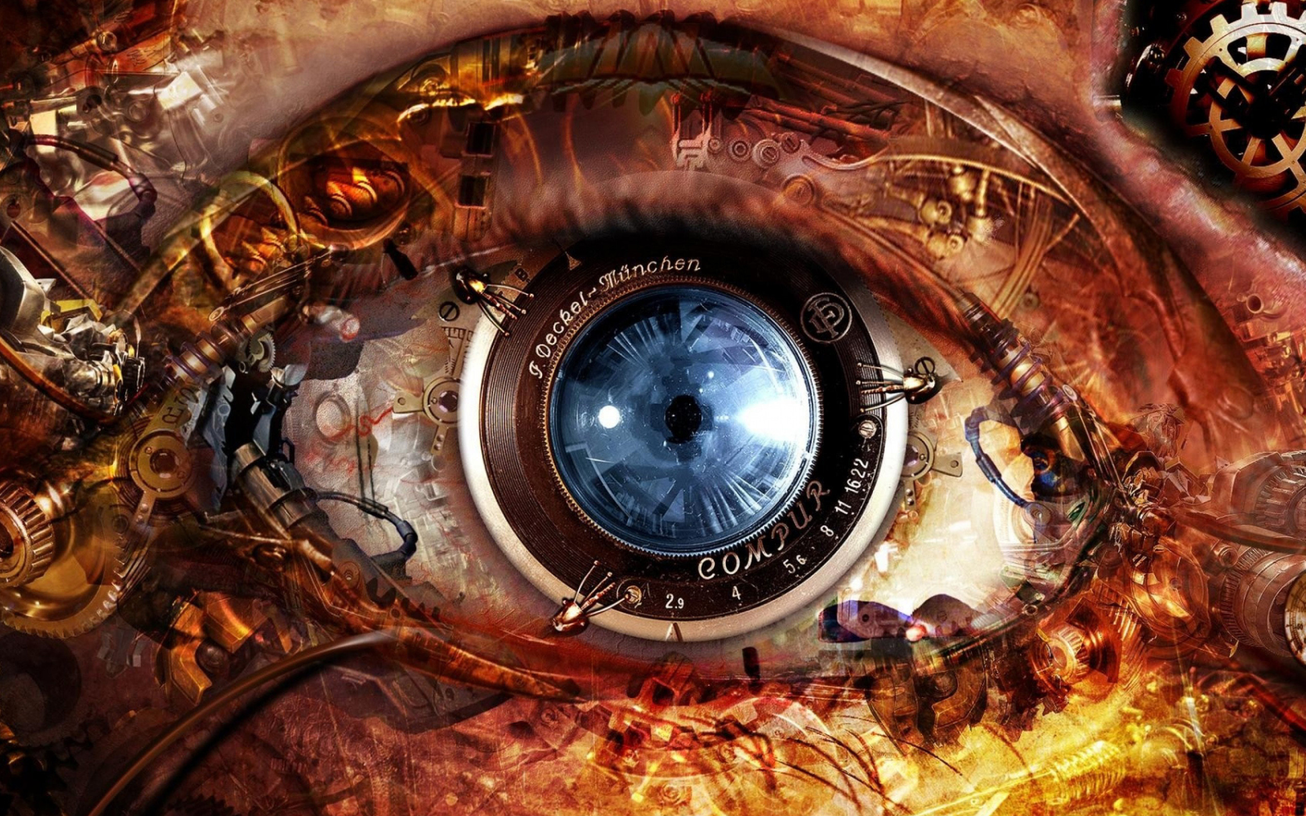Occhio meccanico, Steampunk, Ingranaggi, Arte digitale, 2K, sfondo desktop
