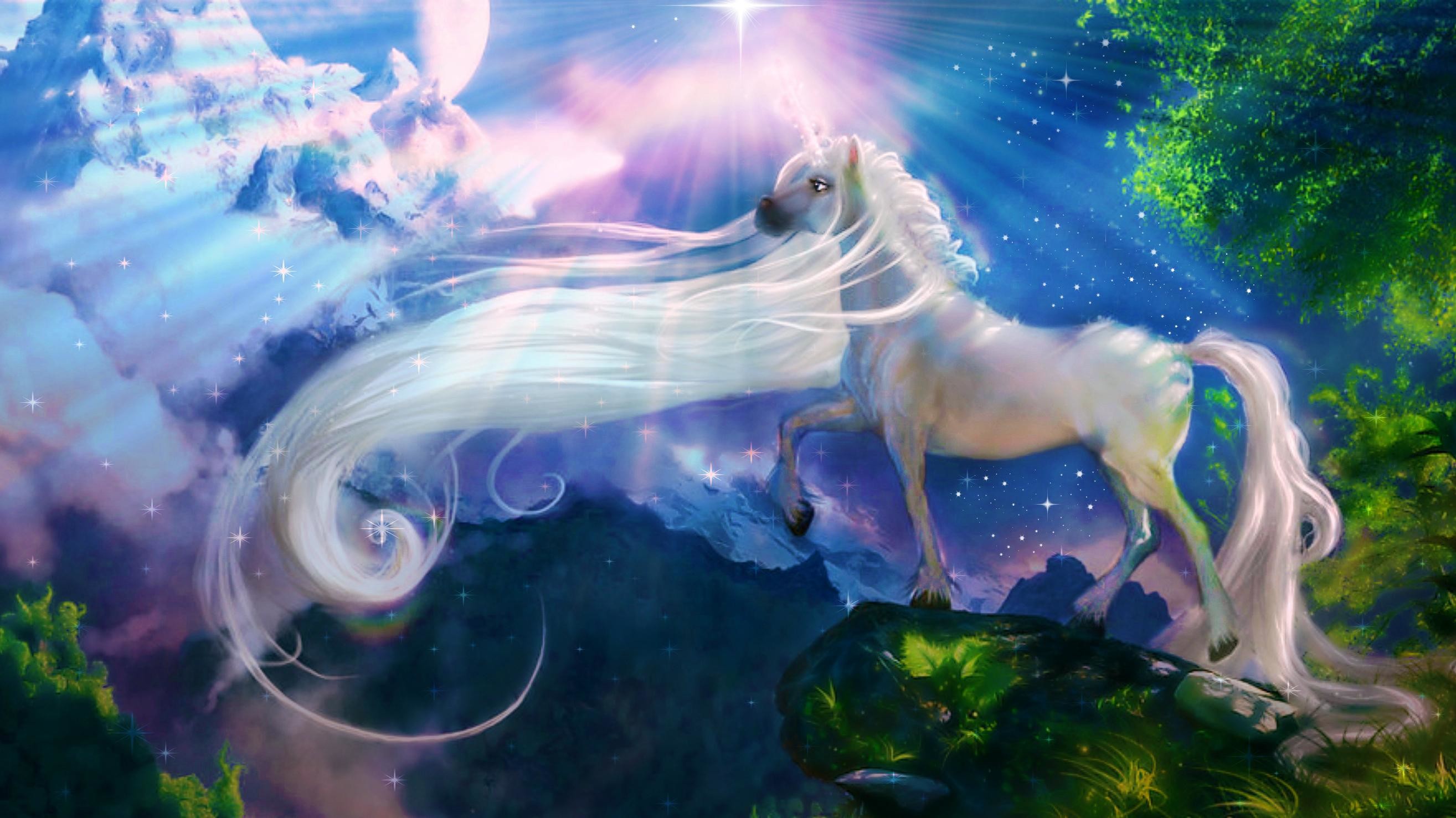 Unicorno, Fantasy, Nuvole, Criniera fluente, Raggi di luce, 16:9 2K, sfondo widescreen