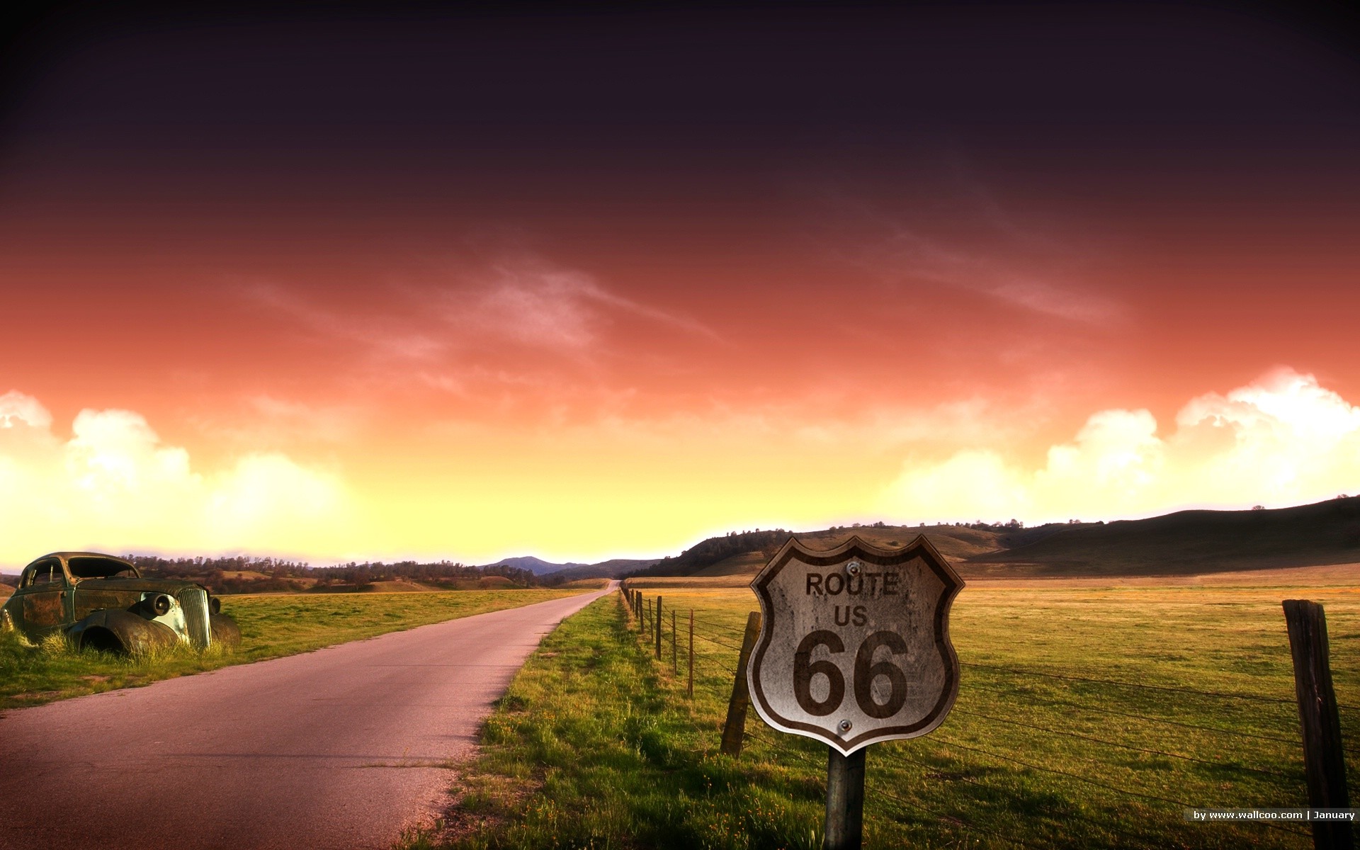 Route 66, Cartello US 66, Strada di campagna, Tramonto, 1920x1200, wallpaper desktop