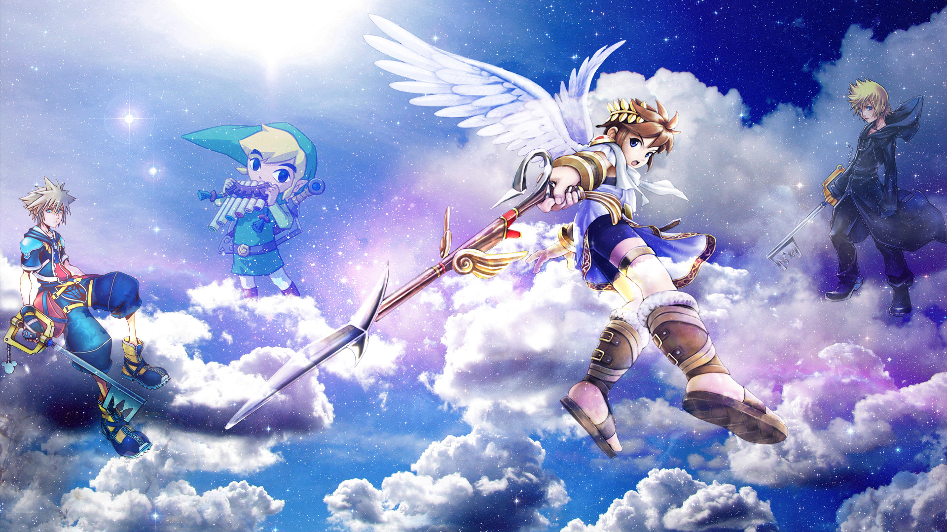 Sora, Pit, Link, Roxas, Kingdom Hearts, Crossover, Nuvole, Full HD, sfondo desktop
