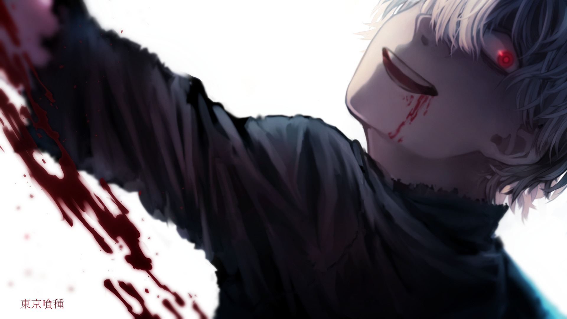 Ken Kaneki, Tokyo Ghoul, Occhio rosso, Sfondo bianco, 16:9 Full HD, wallpaper widescreen