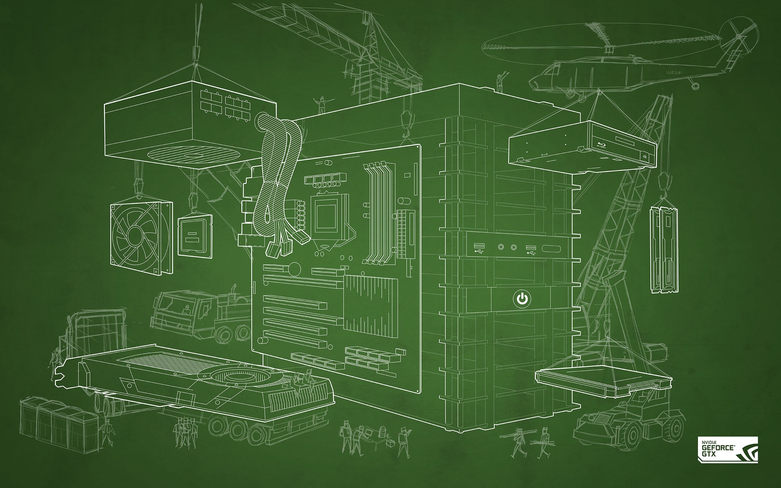 Nvidia, GeForce GTX, PC, Disegno tecnico, Sfondo verde, 2K, wallpaper per portatile