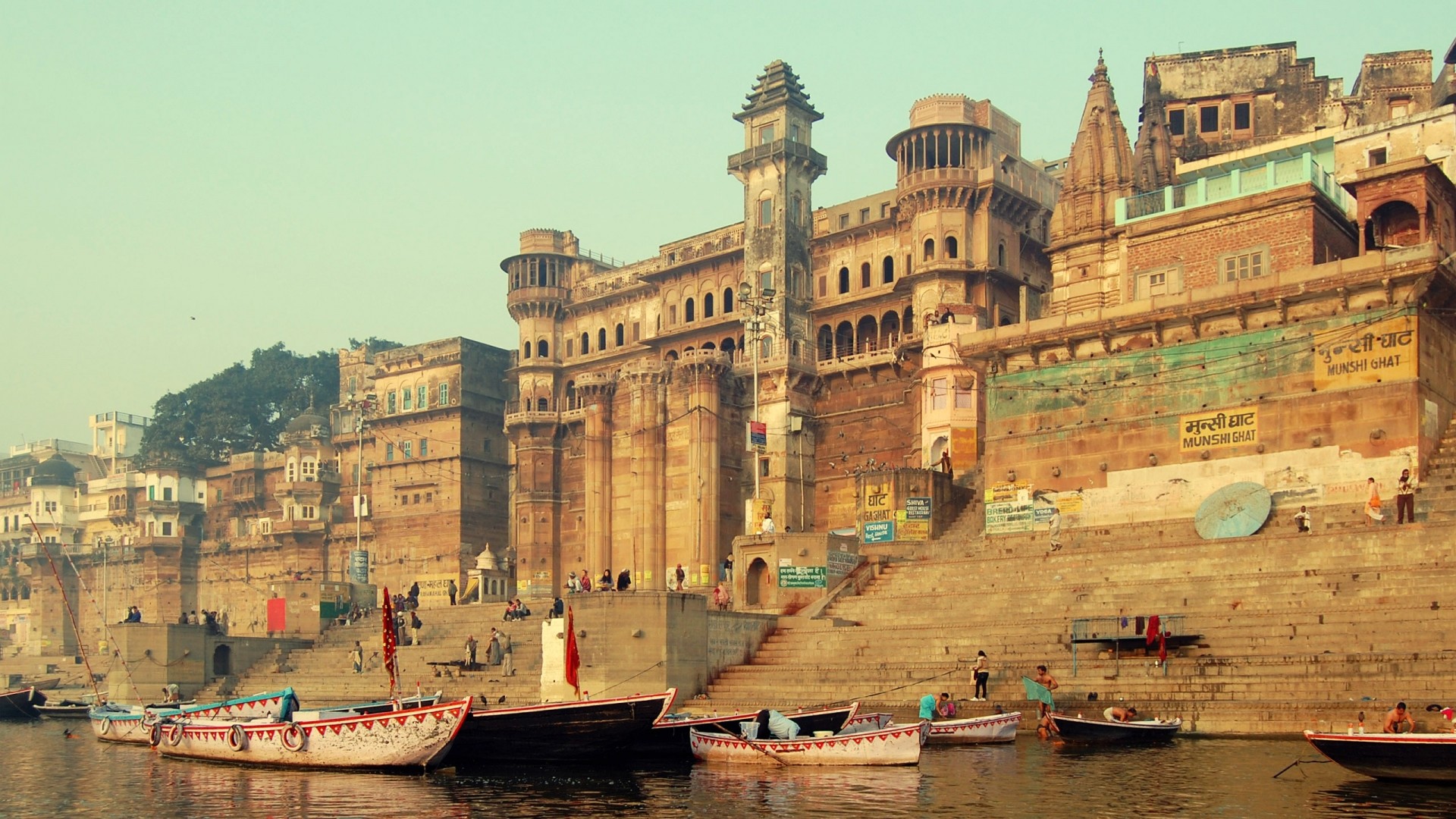 Varanasi, Ghat, Gange, India, Barche, Full HD, sfondo desktop