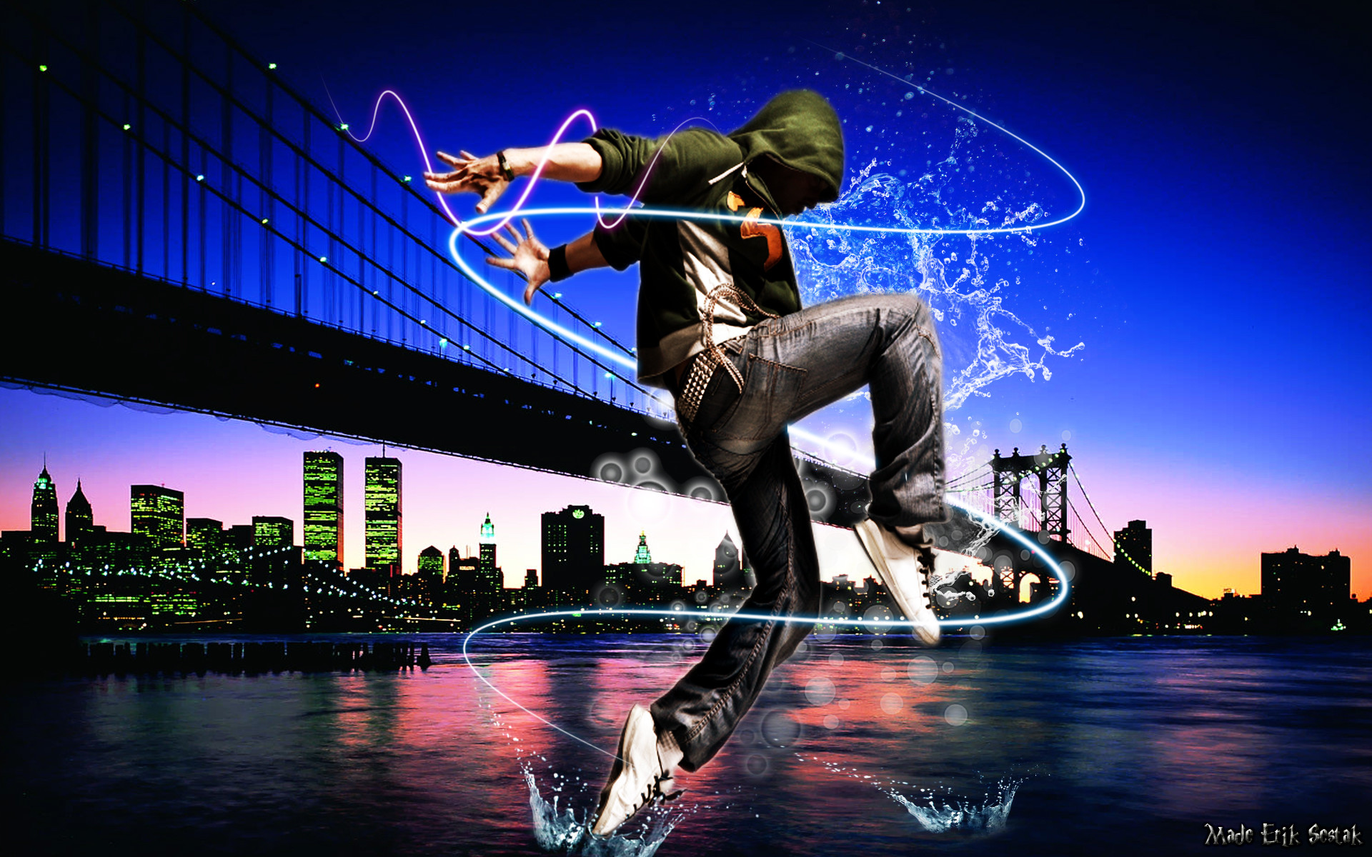 Ballerino, Ponte di Manhattan, New York, Scie luminose, Notte, 1920x1200, sfondo per PC