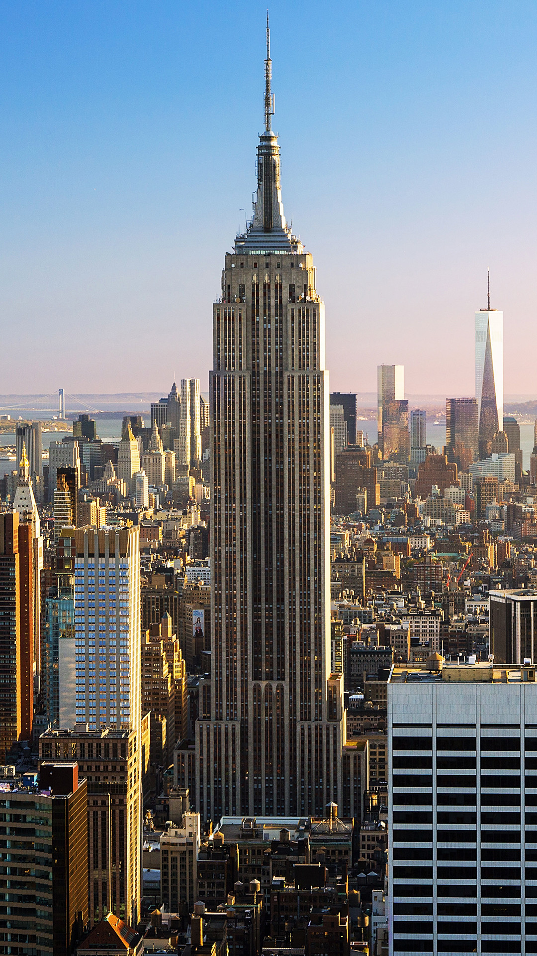 Empire State Building, Manhattan, Grattacielo, Cielo azzurro, Full HD, sfondo per iPhone e Android