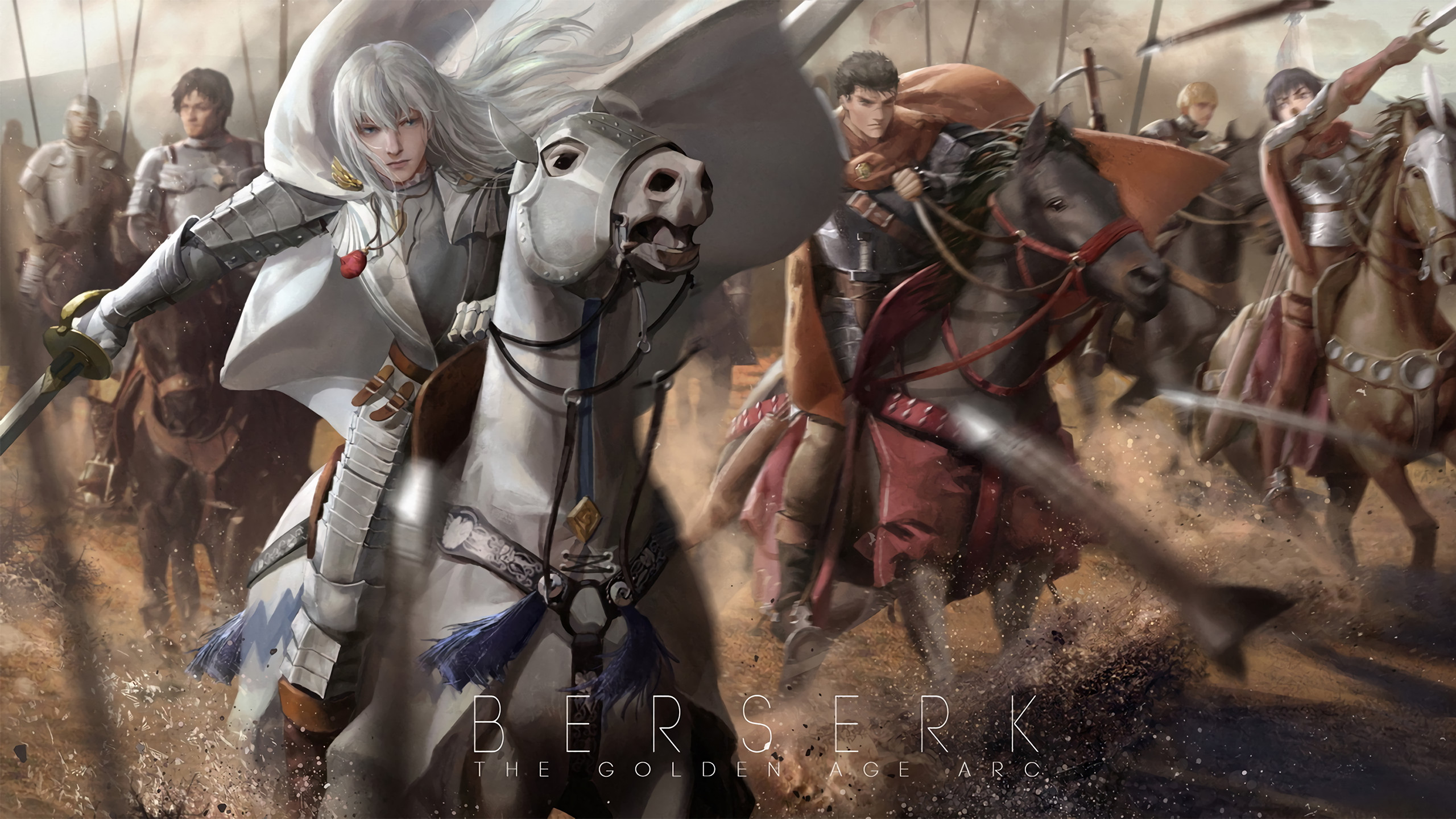 Grifis, Gatsu, Banda del Falco, Berserk, L'epoca d'oro, Battaglia, Cavalli, wallpaper desktop 2K