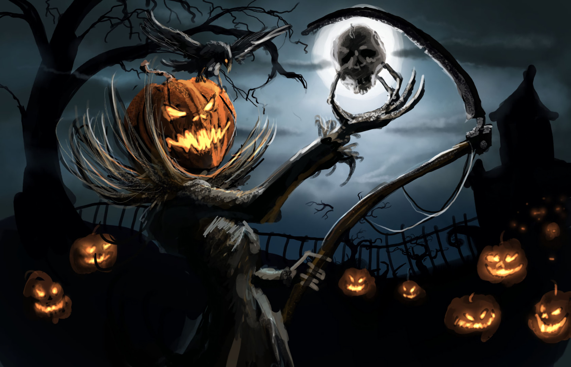 Spaventapasseri, Testa di zucca, Falce, Luna, Full HD, sfondo per portatile