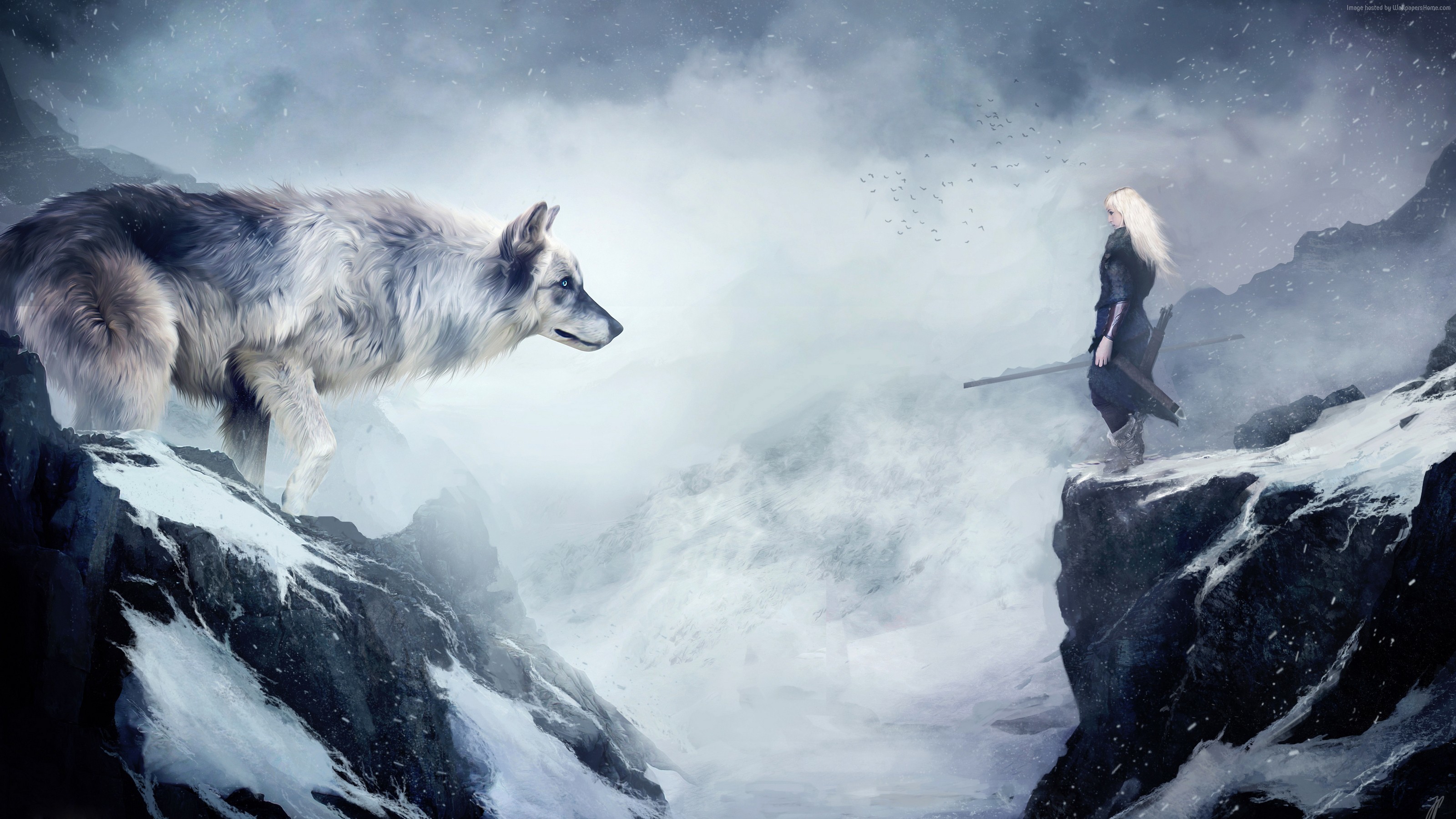 Lupo, Guerriero, Montagne innevate, Fantasy, 2K, sfondo per PC e portatile