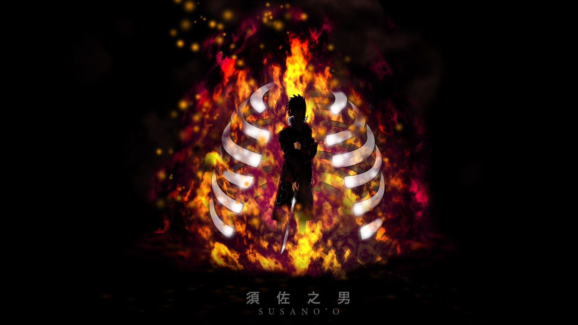 Itachi Uchiha, Susanoo, Naruto, Fuoco, Sfondo nero, Full HD, wallpaper per PC