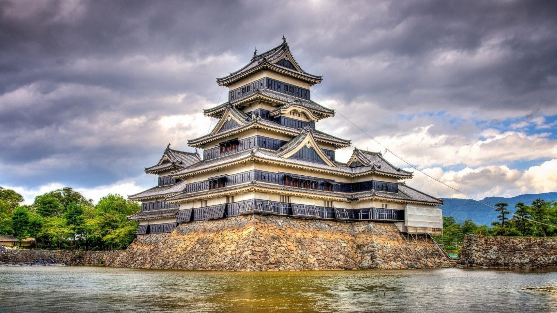 Castello di Matsumoto, Matsumoto, Giappone, Nuvole, Full HD, wallpaper per PC