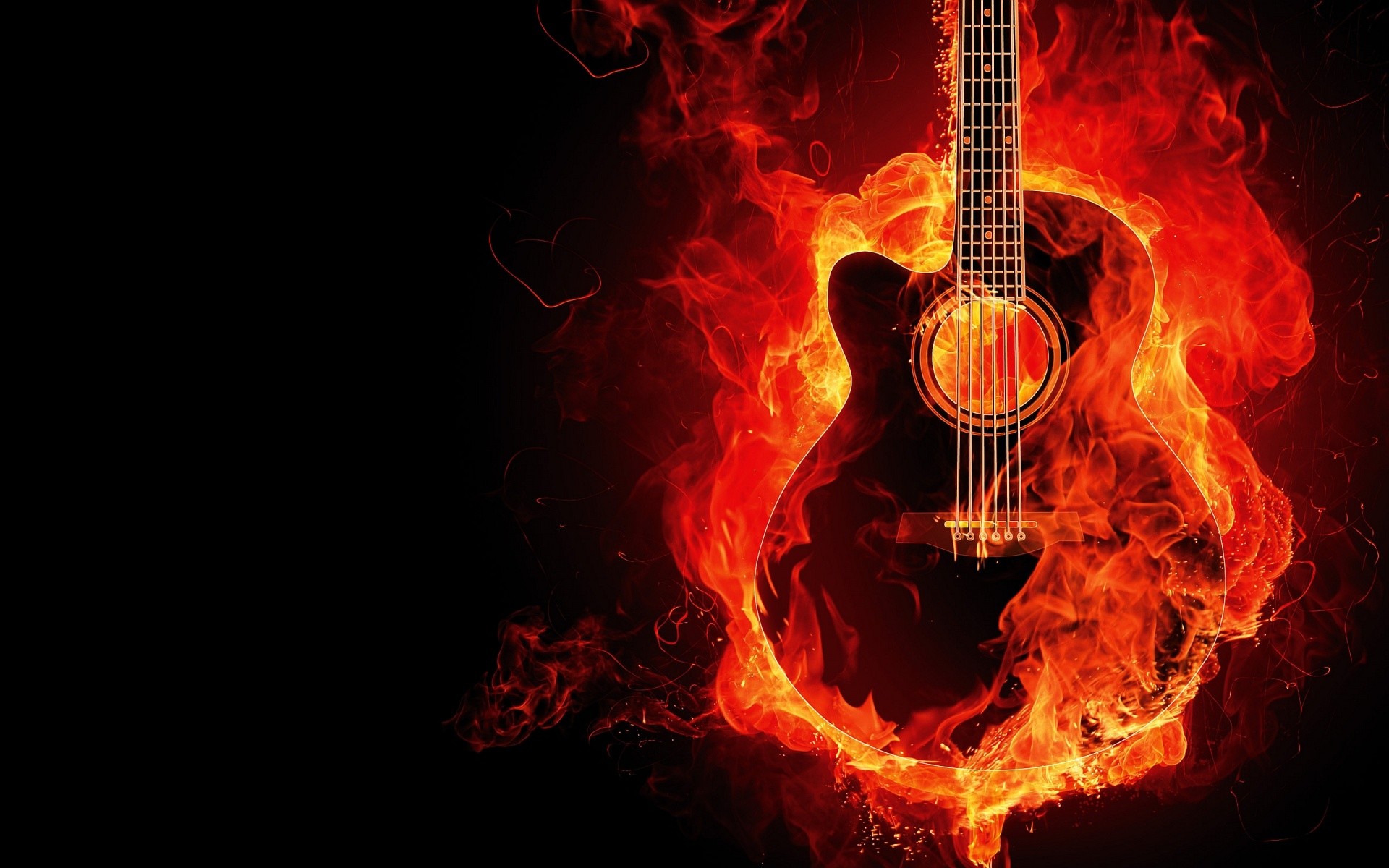Chitarra acustica, Fuoco, Fiamme, Sfondo nero, 1920x1200, wallpaper desktop