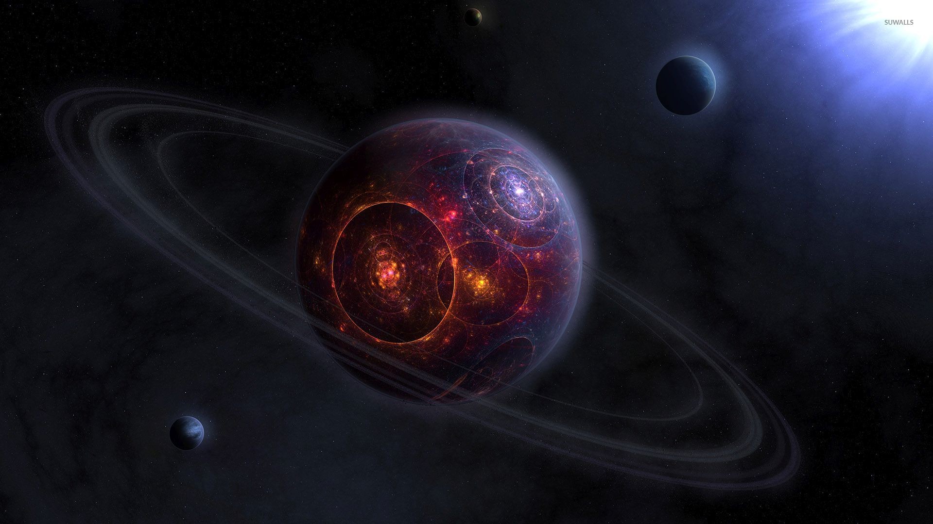 Pianeta con anelli, Lune, Rosso, 1920x1080, sfondo per PC