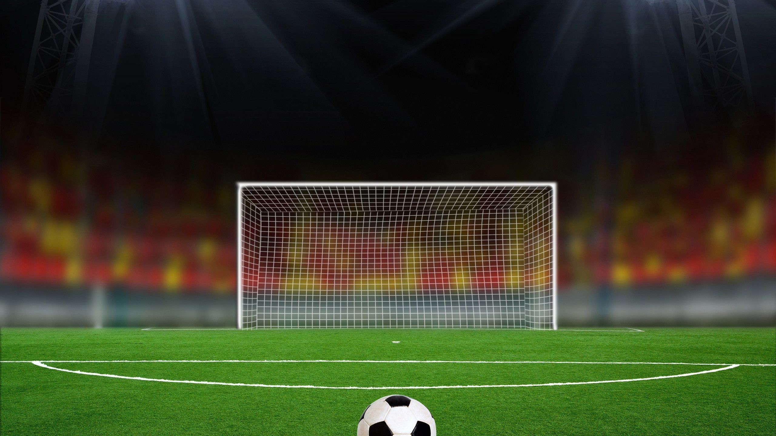 Porta da calcio, Pallone, Stadio, Riflettori, 2560x1440, immagine di sfondo