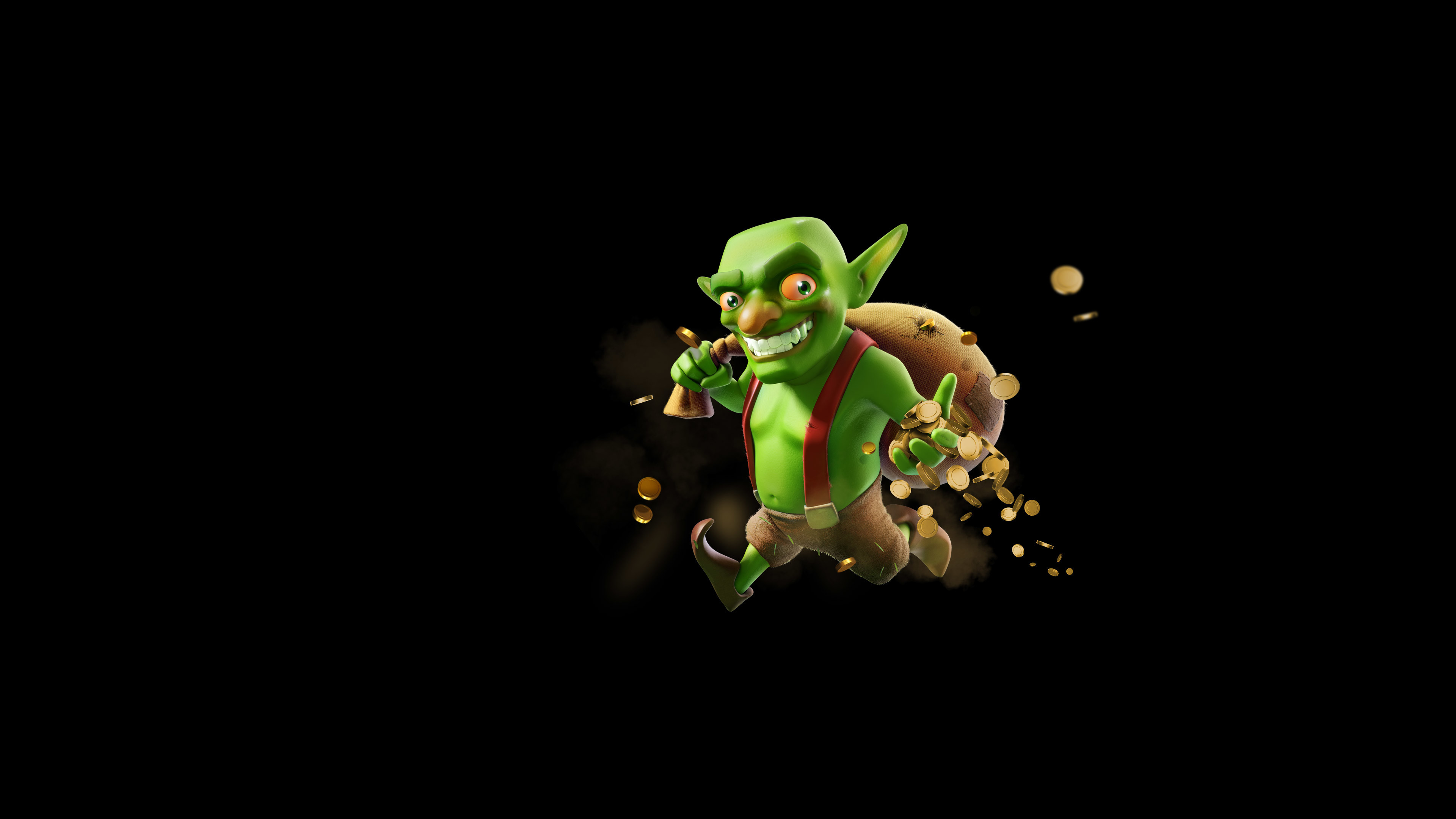 Goblin, Clash of Clans, Monete d'oro, Sfondo nero, 4K, wallpaper per computer