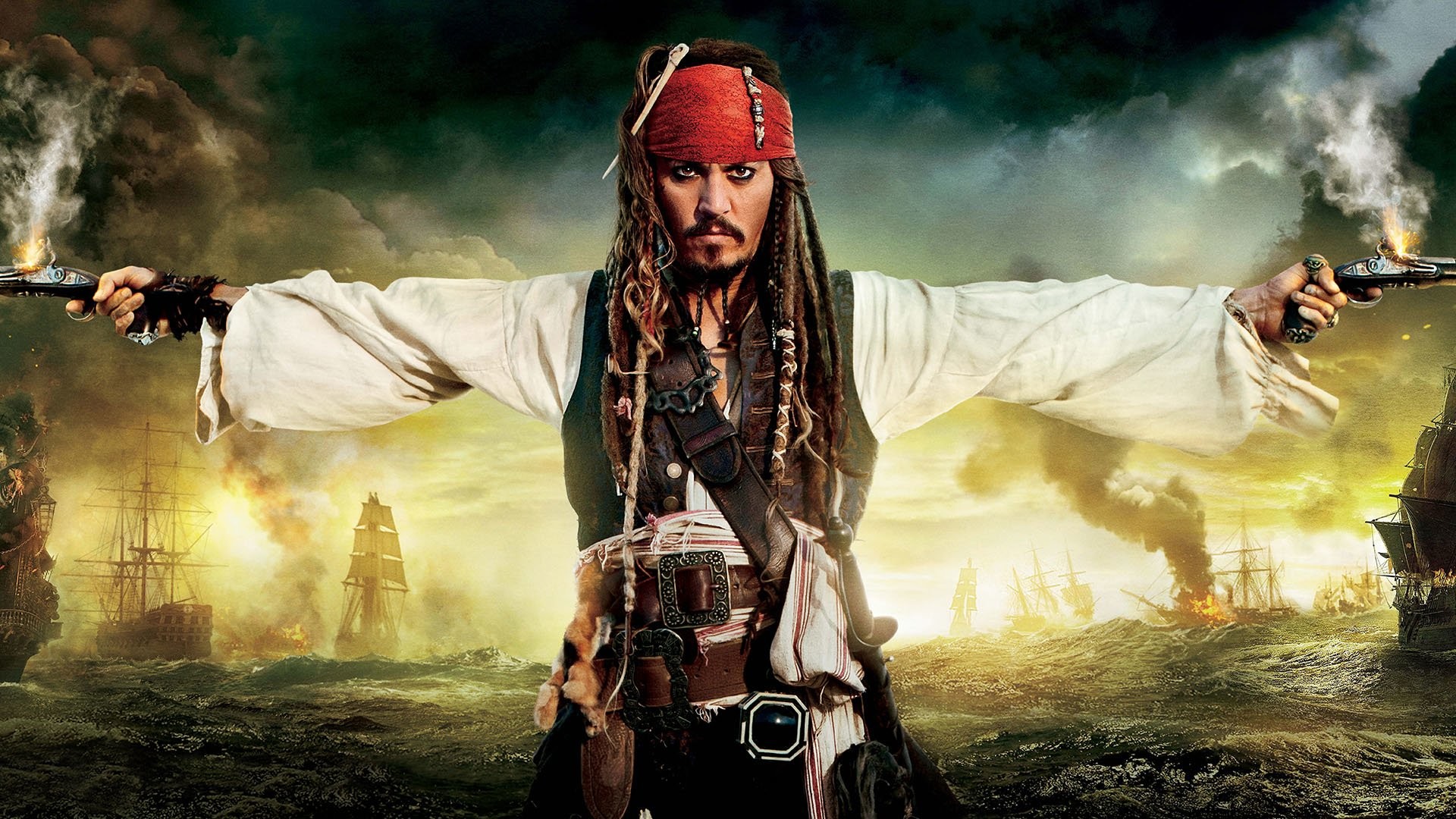 Jack Sparrow, Johnny Depp, Pirati dei Caraibi: Oltre i confini del mare, Pistole, sfondo 1080p