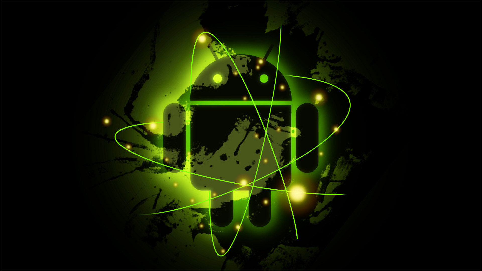 Android, Bugdroid, Atomo, Bagliore verde, Sfondo nero, 1920x1080, wallpaper desktop