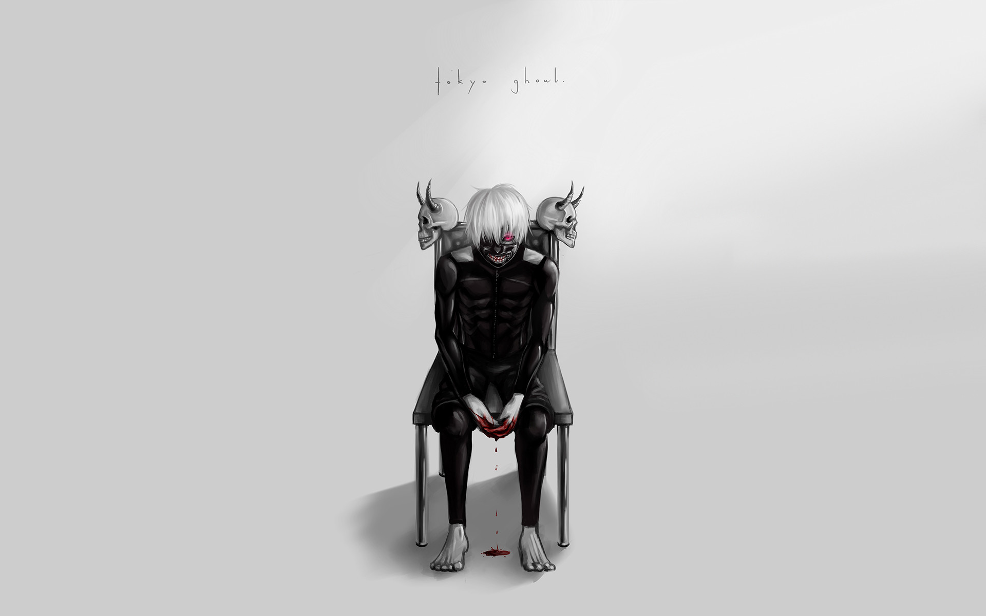 Ken Kaneki, Tokyo Ghoul, Sedia, Sfondo grigio, 16:10 Full HD, wallpaper widescreen