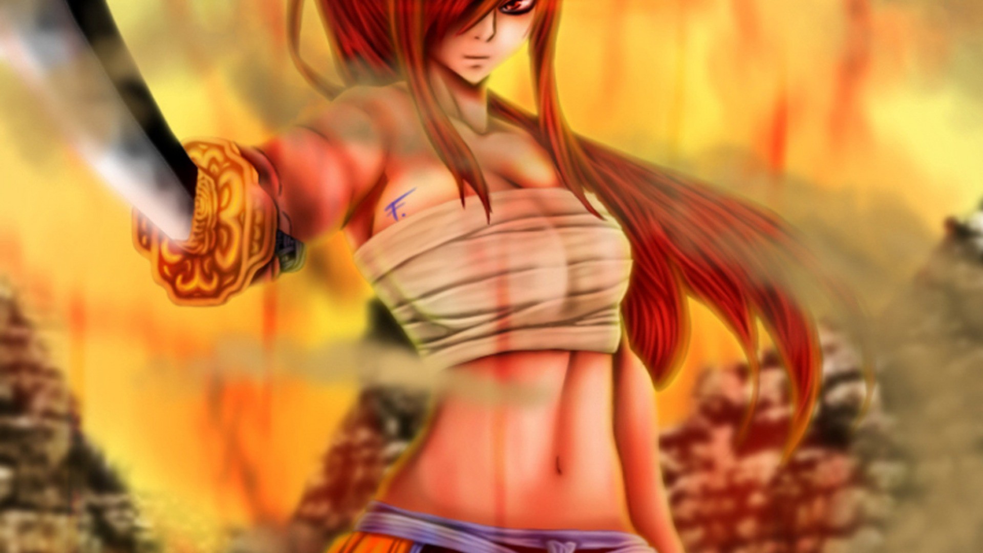 Erza Scarlet, Fairy Tail, Spada, Fiamme, 16:9 Full HD, sfondo widescreen