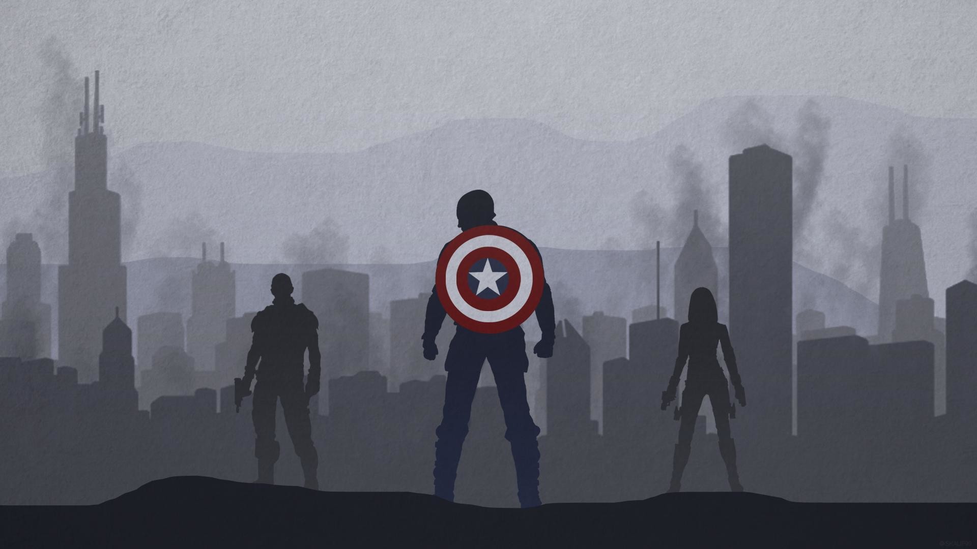 Capitan America, Vedova Nera, Falcon, Skyline, Silhouette, Full HD, sfondo per PC