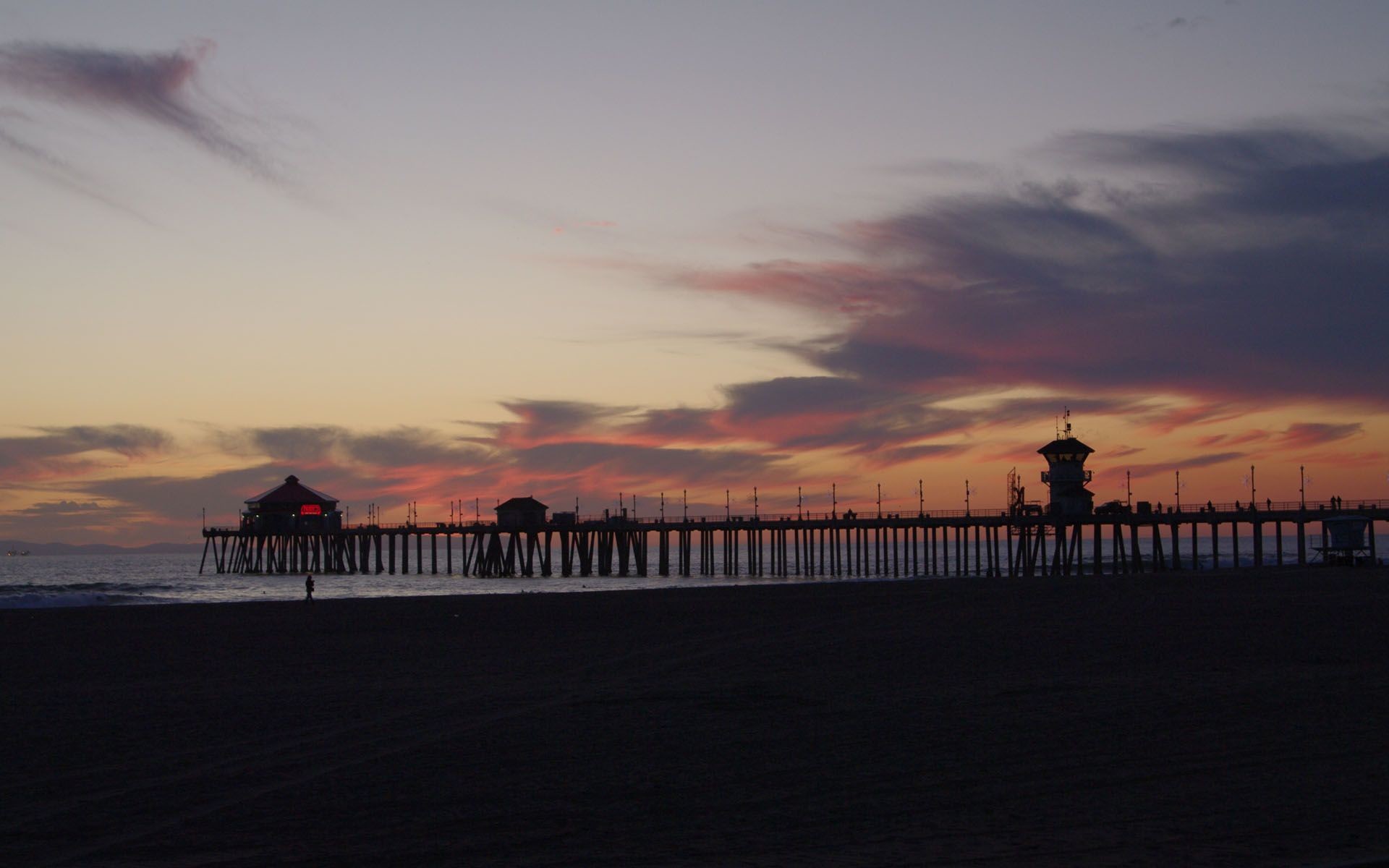 Molo di Huntington Beach, Huntington Beach, Tramonto, Silhouette, sfondo Full HD per computer
